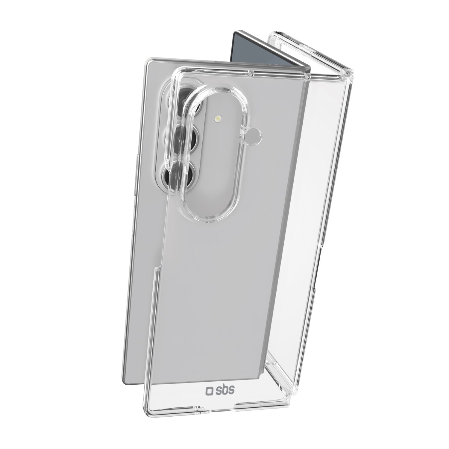 Een transparante telefoonhoes wordt op een grijze smartphone geplaatst. De hoes is open en de telefoon zit er gedeeltelijk in. De achtergrond is wit.