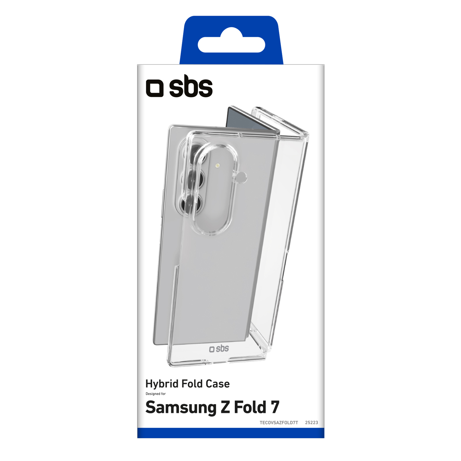 Een transparante telefoonhoes voor een Samsung Z Fold 7 wordt getoond. De verpakking is wit met blauwe accenten. Het merk is SBS.