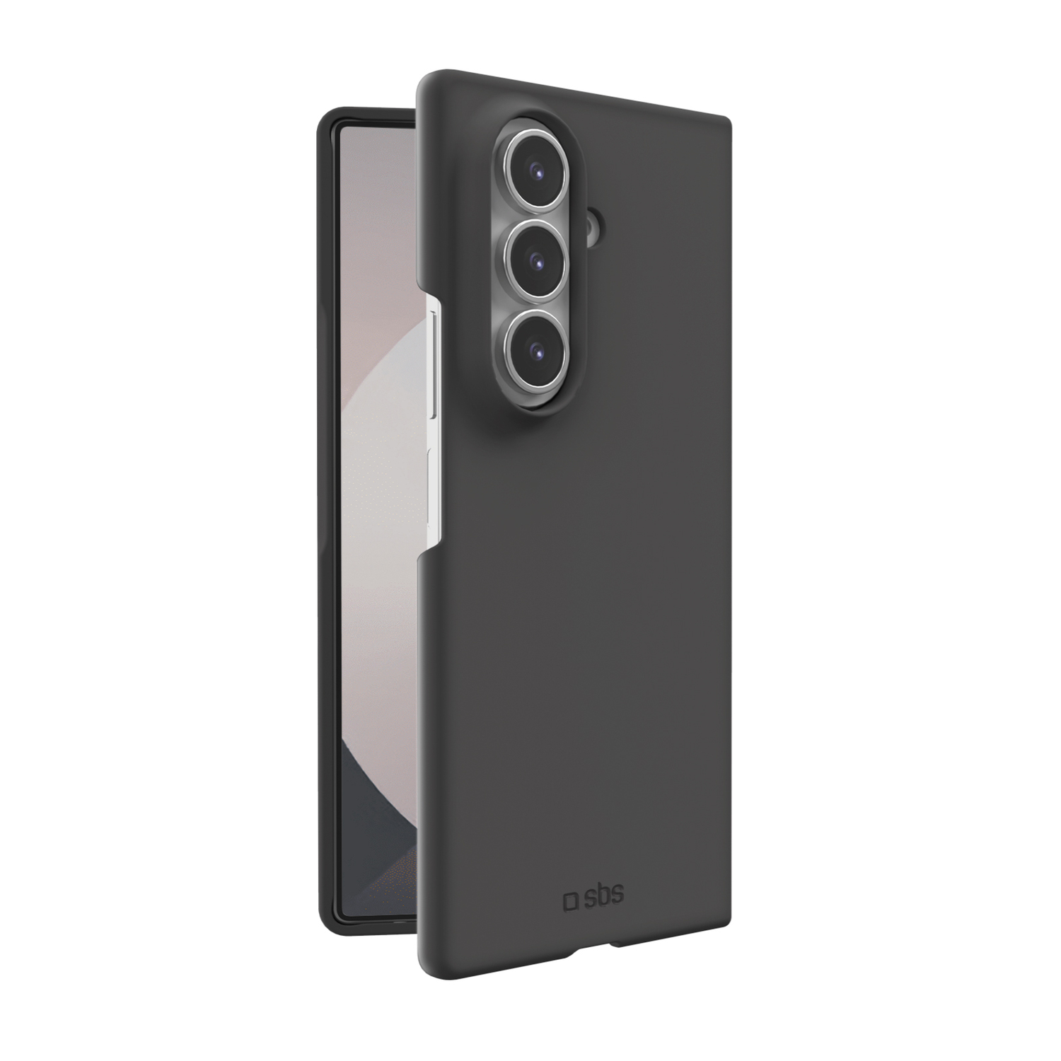 Een donkergrijze telefoonhoes met drie cameralenzen en een telefoonscherm. De hoes staat naast een gedeeltelijk zichtbare telefoon.