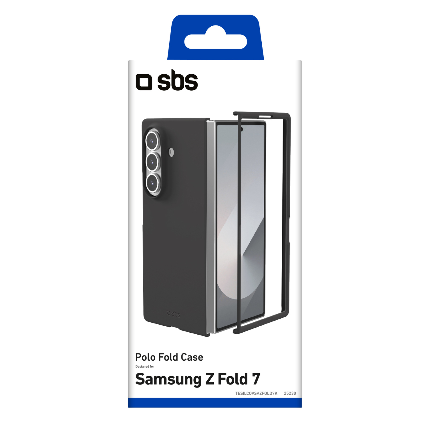 Een telefoonhoesverpakking. De doos toont een zwarte telefoonhoes voor een Samsung Z Fold 7. Het merk is SBS en de hoes is Polo Fold.