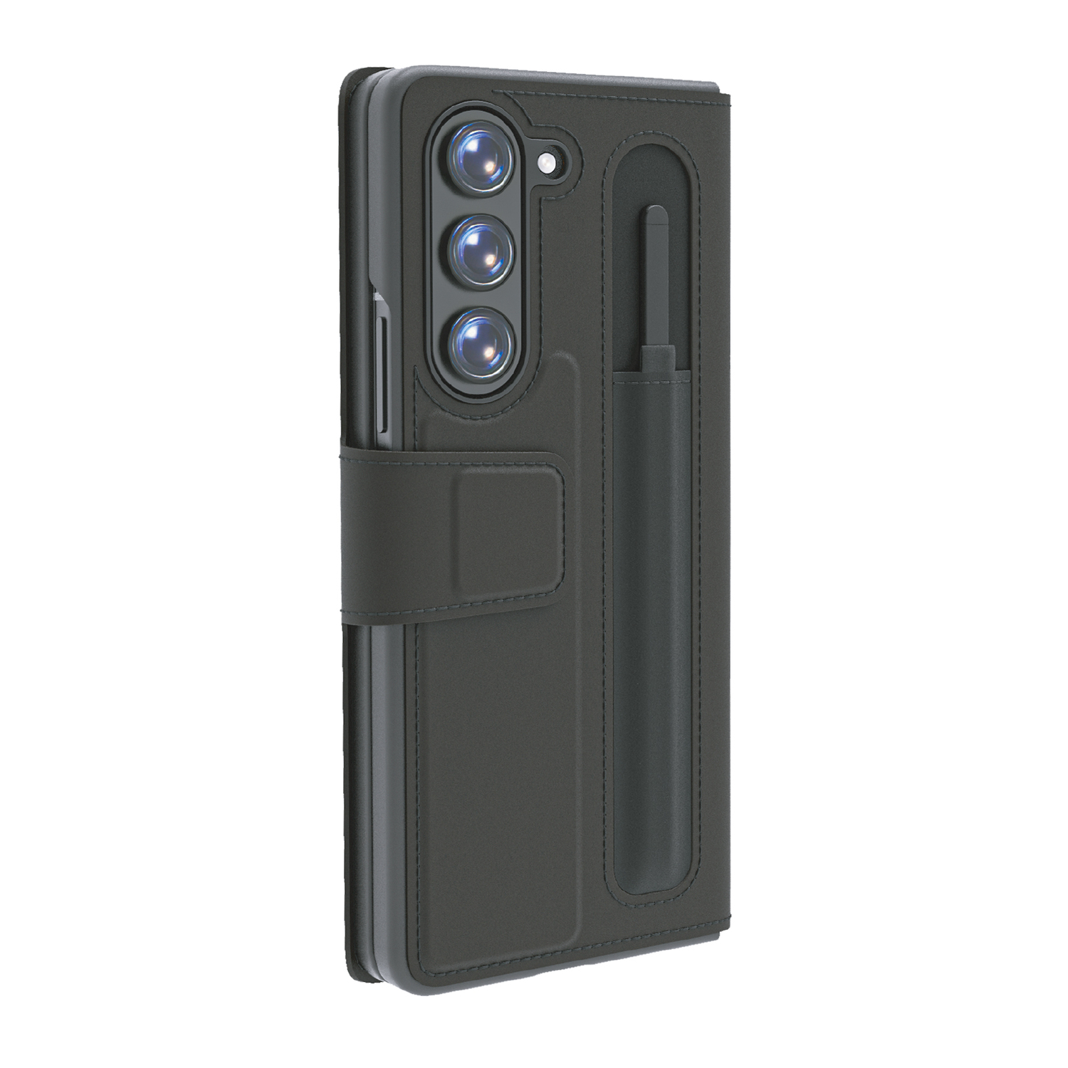 Un étui de téléphone gris foncé est présenté, il possède un porte-stylo et une section caméra avec trois lentilles. L'étui est fermé et possède un rabat.