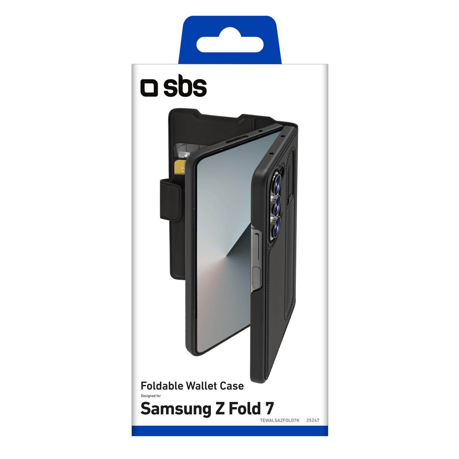 Un étui portefeuille pliable noir pour Samsung Z Fold 7. L'étui est ouvert, montrant le téléphone. L'emballage comporte le logo SBS.