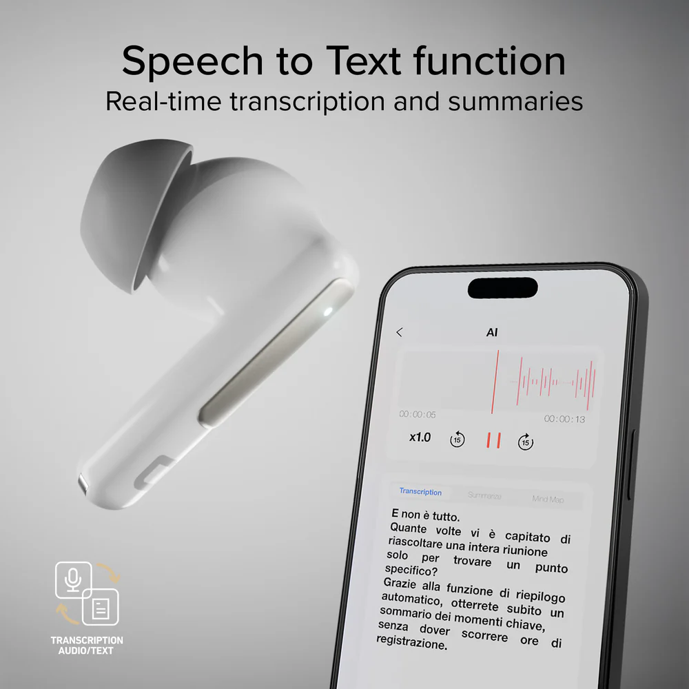Weiße Ohrhörer und ein Telefon, das eine Speech-to-Text-App anzeigt. Die App zeigt Audio-Transkriptionen und Zusammenfassungen.