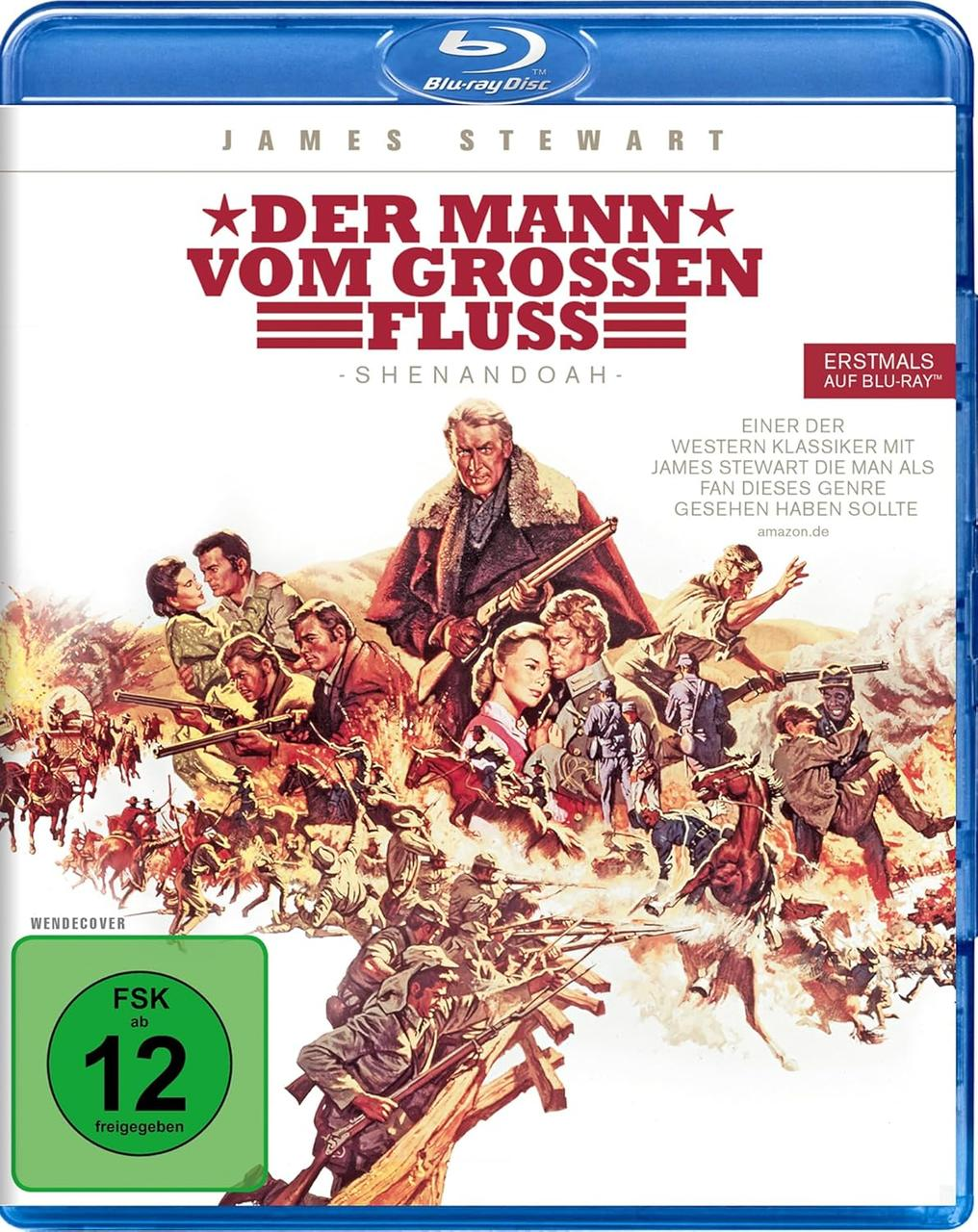 Blu-ray-Cover für "Der Mann vom grossen Fluss" mit James Stewart. Es zeigt eine Kriegsszene und die Bewertung von 12. Deutscher Text.