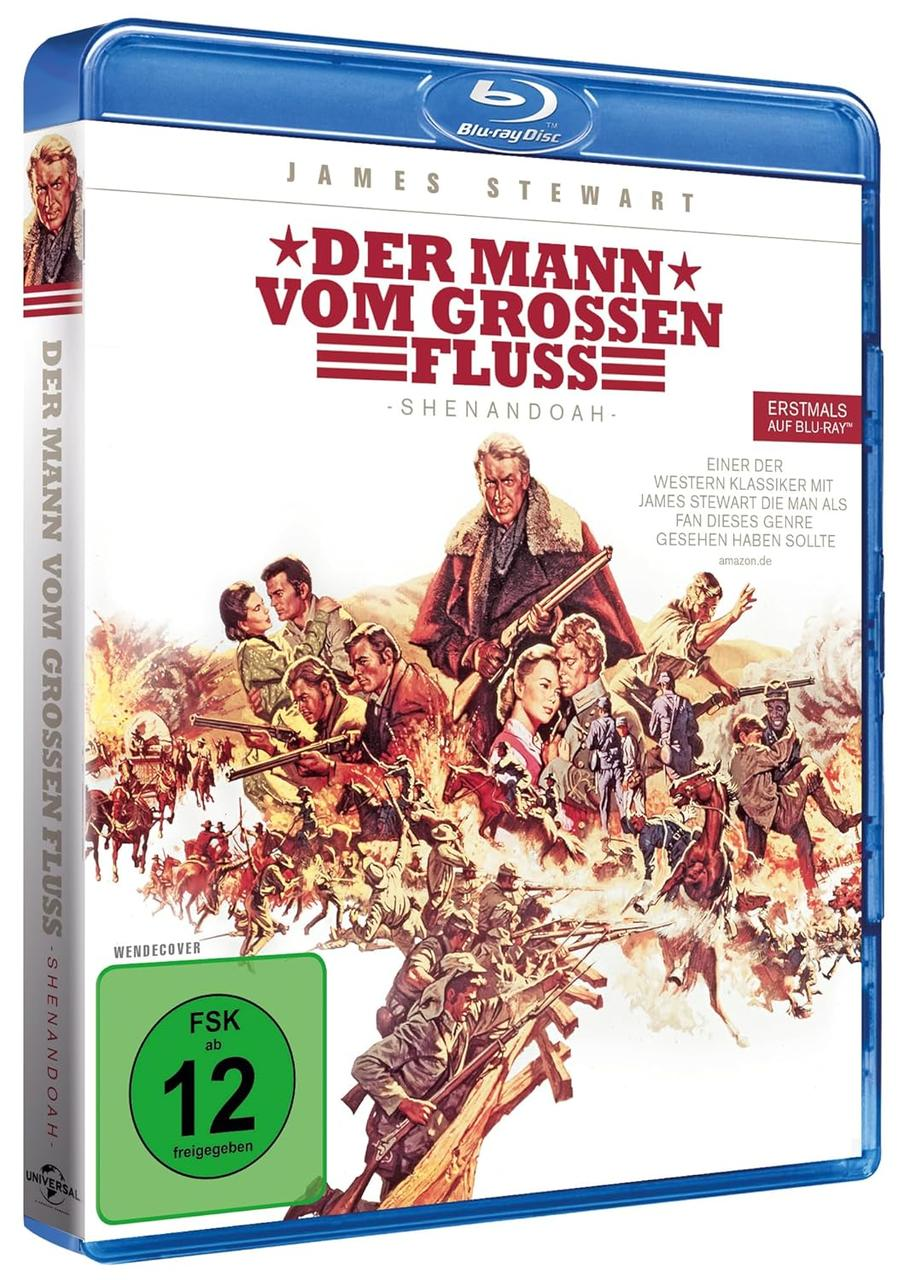 Blu-ray-Cover von 'Der Mann vom Grossen Fluss'. Es zeigt eine Westernszene mit James Stewart. Enthält eine grüne FSK-Bewertung und ein Blu-ray-Disc-Logo.