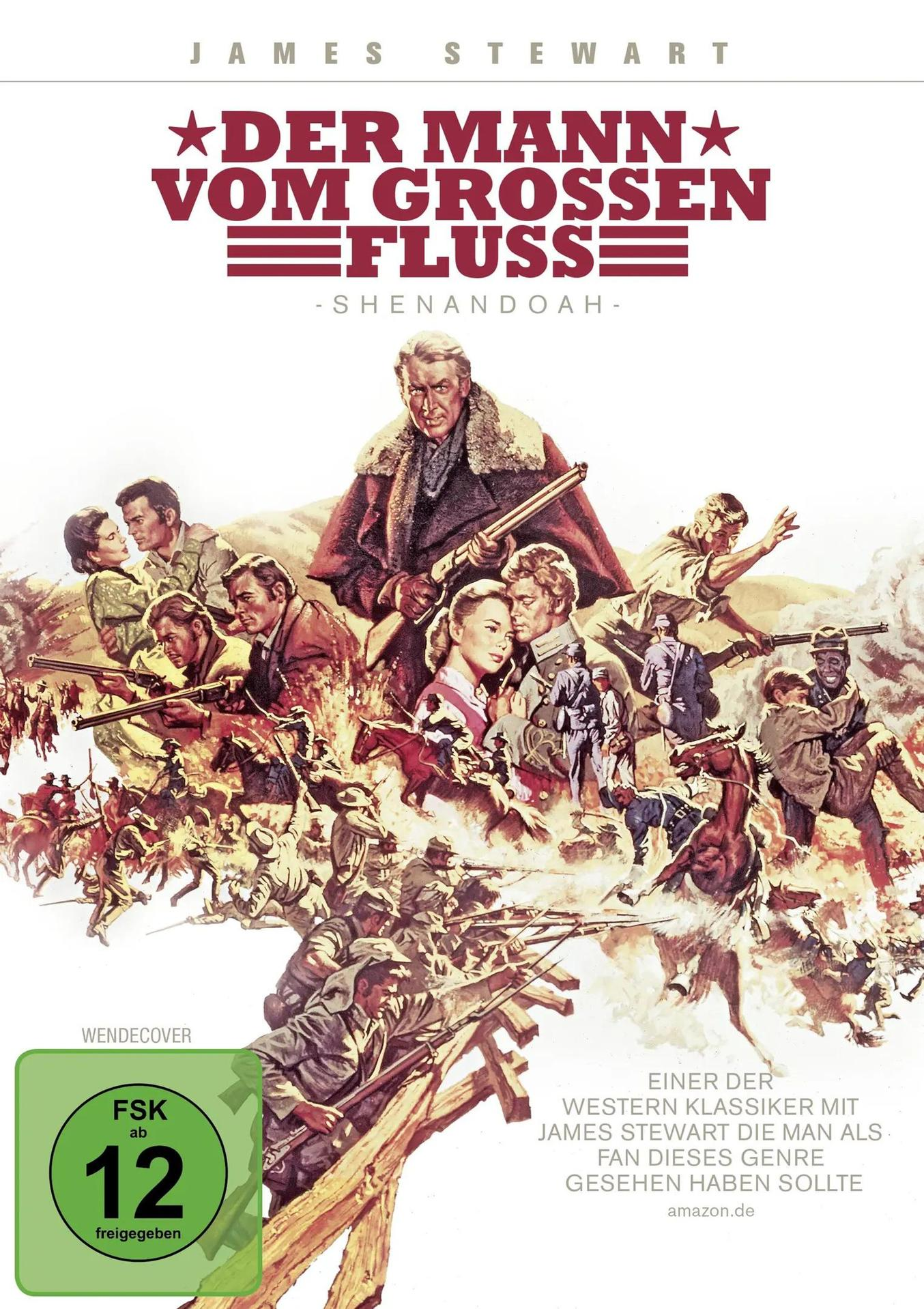 Filmposter für "Der Mann vom grossen Fluss". Enthält James Stewart, Soldaten und eine Kampfszene in einem Western-Setting. Die Bewertung ist 12.