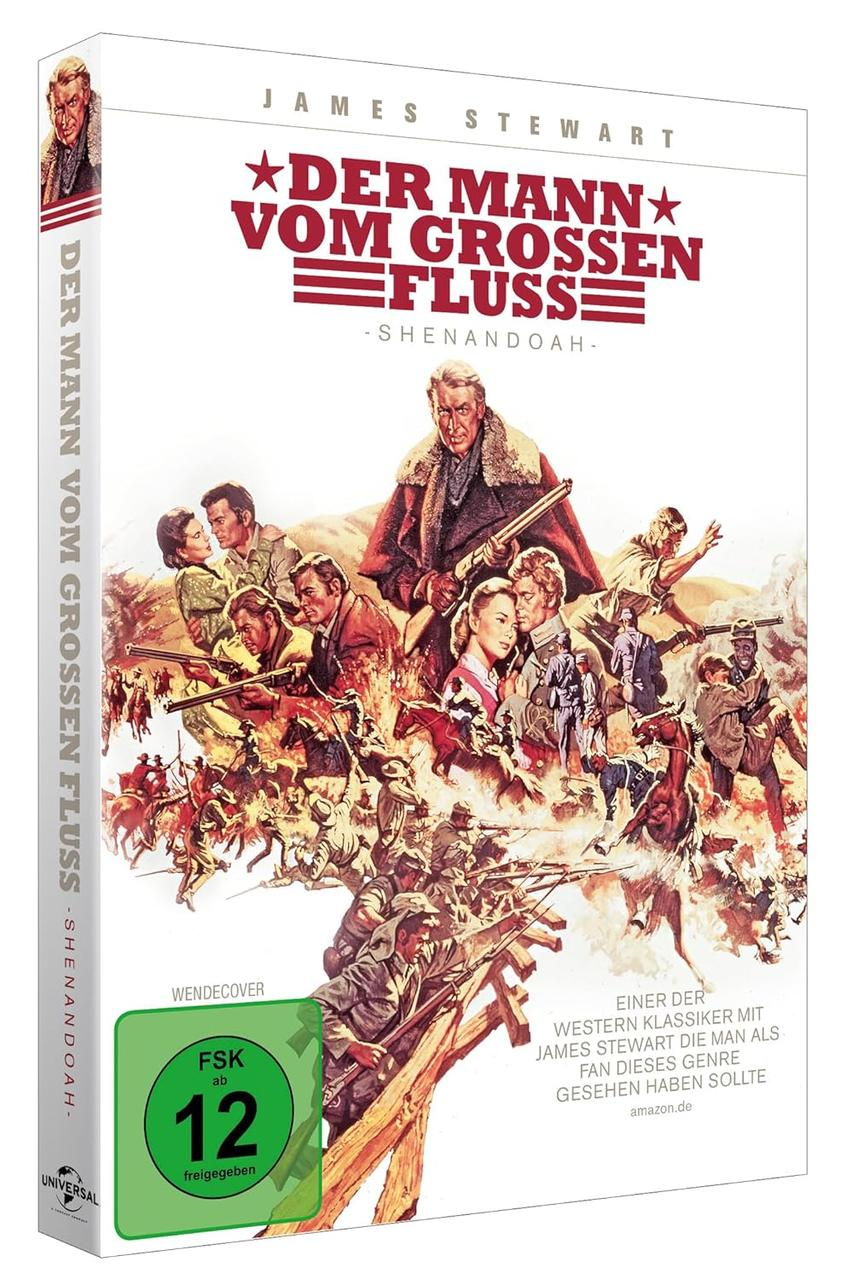 Filmcover für 'Der Mann vom Grossen Fluss'. Es zeigt James Stewart, Szenen des Films und eine 'FSK ab 12' Bewertung.