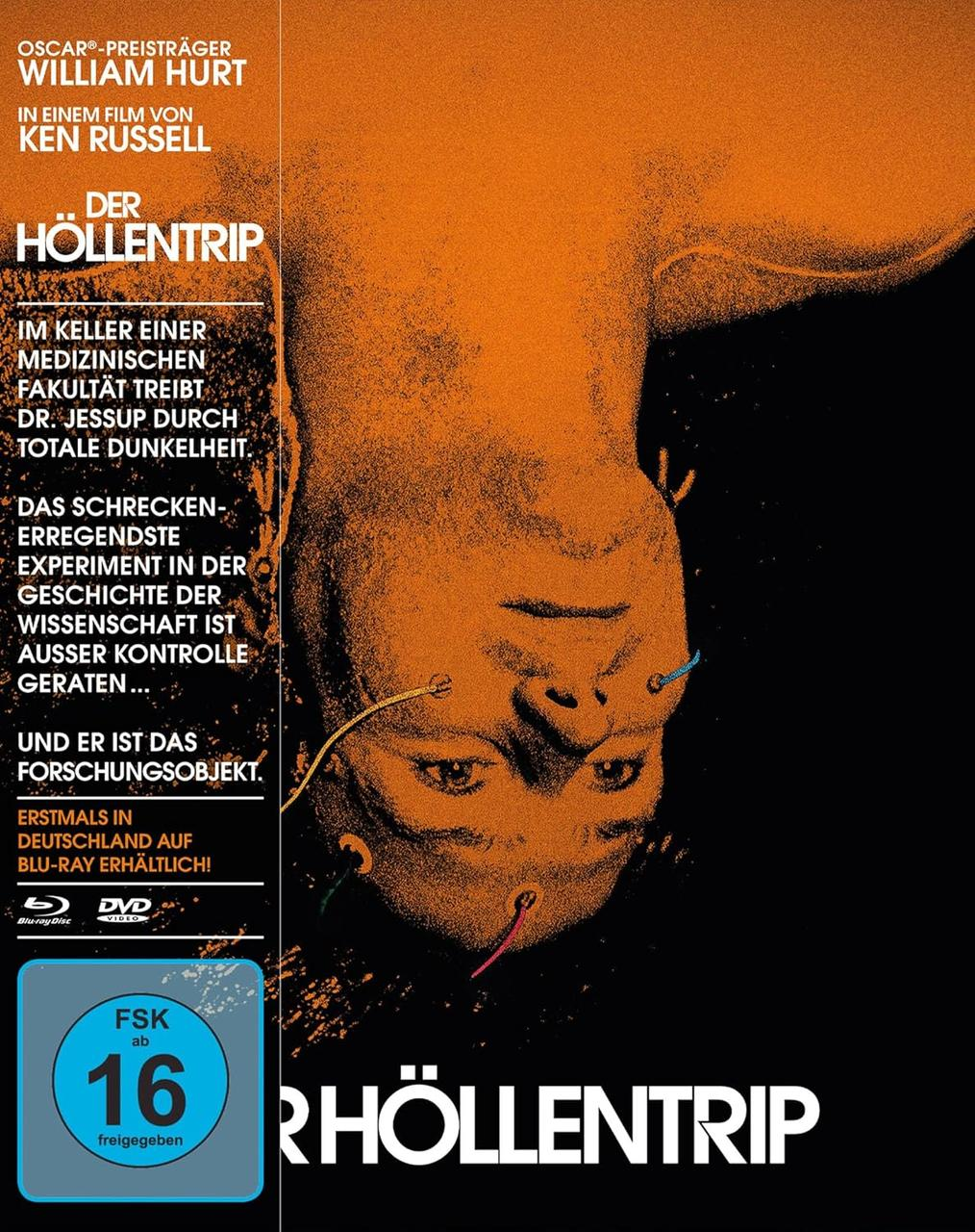 Filmposter für 'Der Höllentrip'. Mit William Hurt. Orange-schwarzes Farbschema. Ein Gesicht mit Drähten ist sichtbar.
