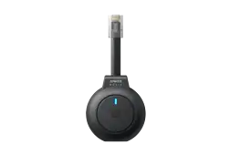 Black Anker Solix device with RJ45 connector. It has a round base with a button and a blue indicator light. Black background.