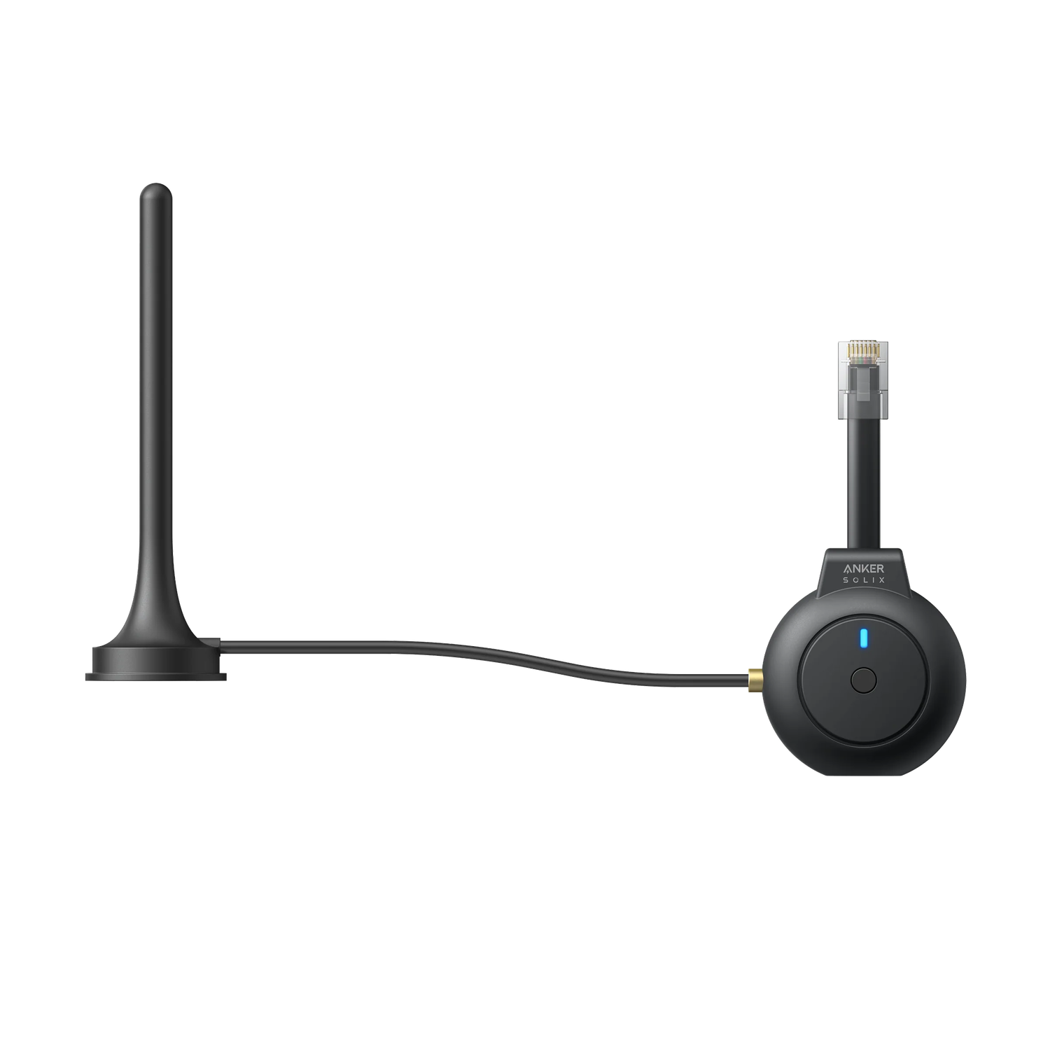 Black Anker Solix device with antenna, cable, and Ethernet port. It has a button and a blue light on a black background.