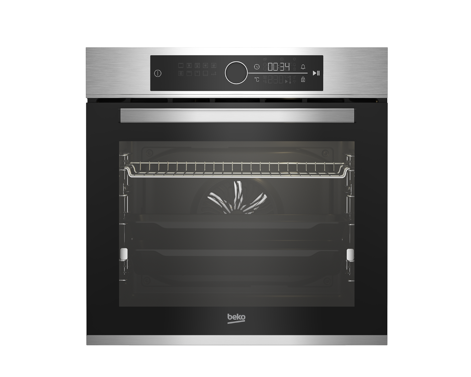 Un horno Beko de acero inoxidable con la puerta abierta, mostrando el interior con rejillas y un ventilador, y un panel de control digital.