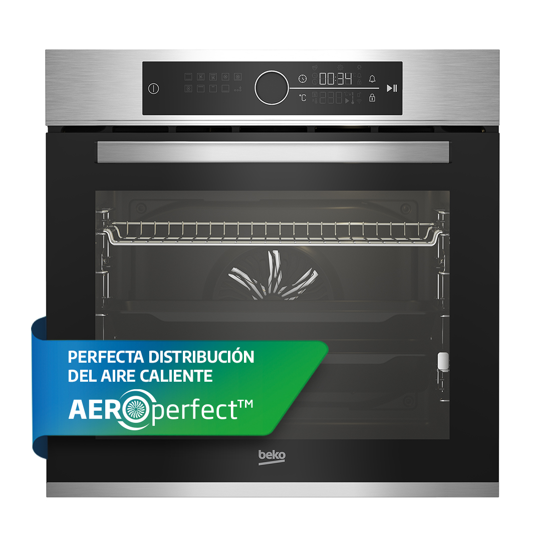 Horno Beko con pantalla digital 00:34. Dentro, rejilla y ventilador. Texto: 'PERFECTA DISTRIBUCION DEL AIRE CALIENTE AEROperfect'.