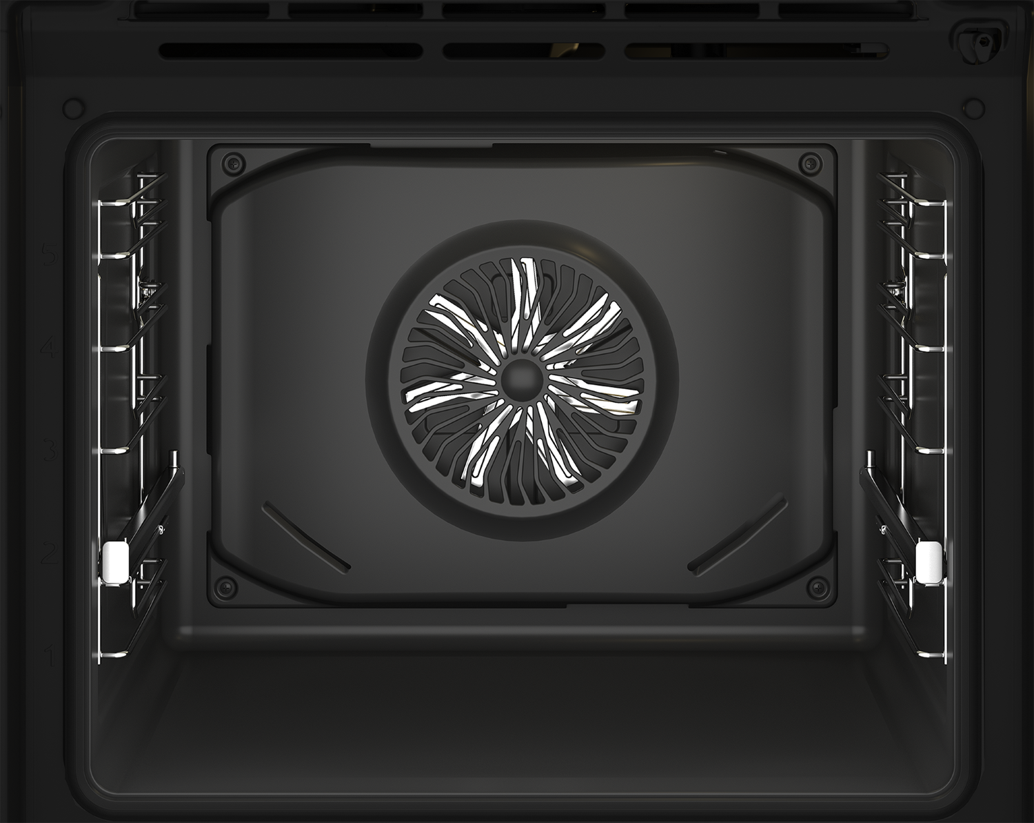 Dentro de un horno negro, un ventilador central con aspas blancas domina. Las rejillas bordean los lados. Luces y detalles son visibles.