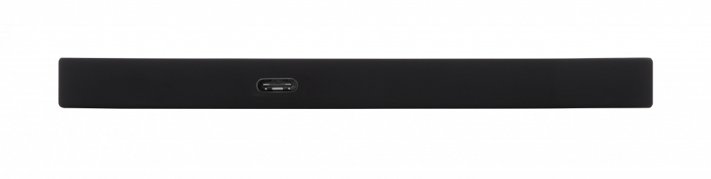 Ortada bir USB-C bağlantı noktası olan dikdörtgen siyah bir cihaz. Arka plan düz siyah. Cihaz bir sabit disk gibi görünüyor.