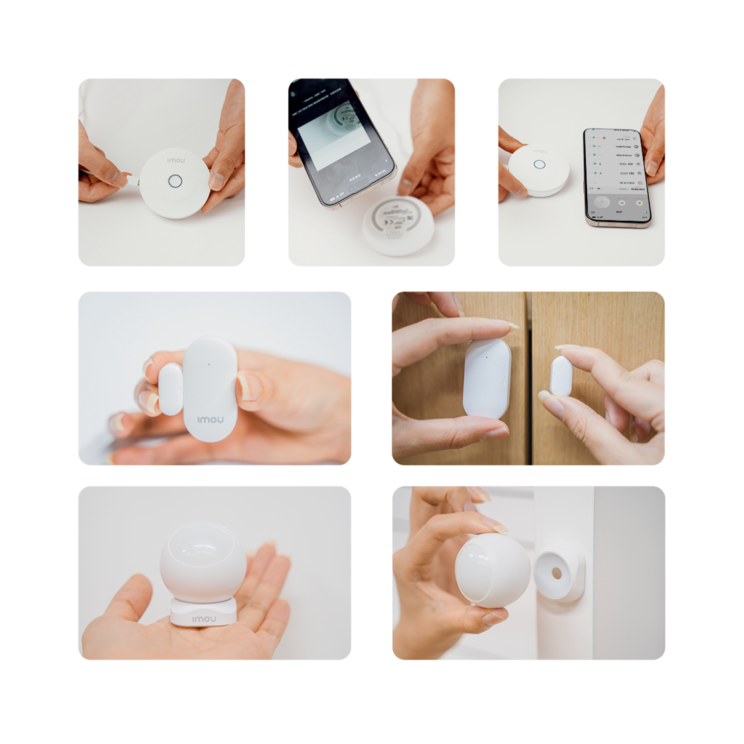 Hands holding white IMOU security devices, a round sensor, a door sensor, and a small camera, with a smartphone showing an app.