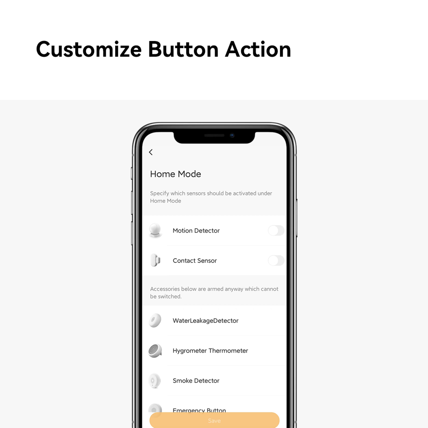A smartphone screen shows Home Mode settings. Options include Motion Detector, Contact Sensor, WaterLeakageDetector, and other sensors.