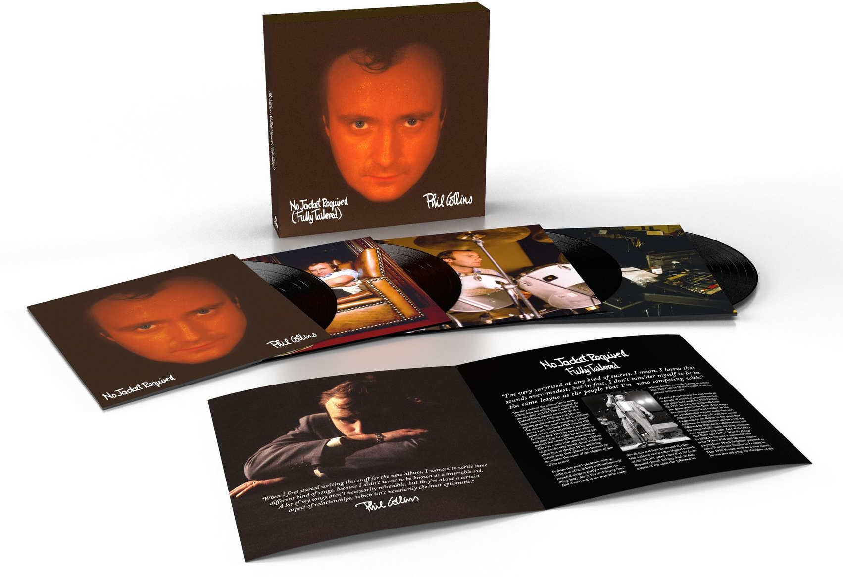 Phil Collins 'No Jacket Required' című albuma látható. Vinyl lemezek, album borítók és szövegrészletek láthatók.