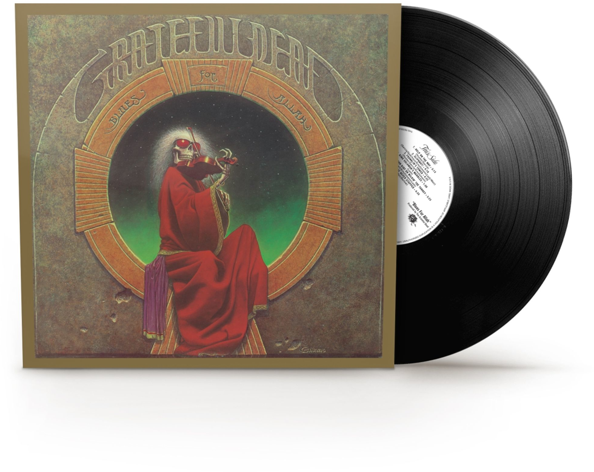 A Grateful Dead 'Blues for Allah' című albumának borítója. Egy vörösbe öltözött csontváz hegedül. Bakelit lemez látható.