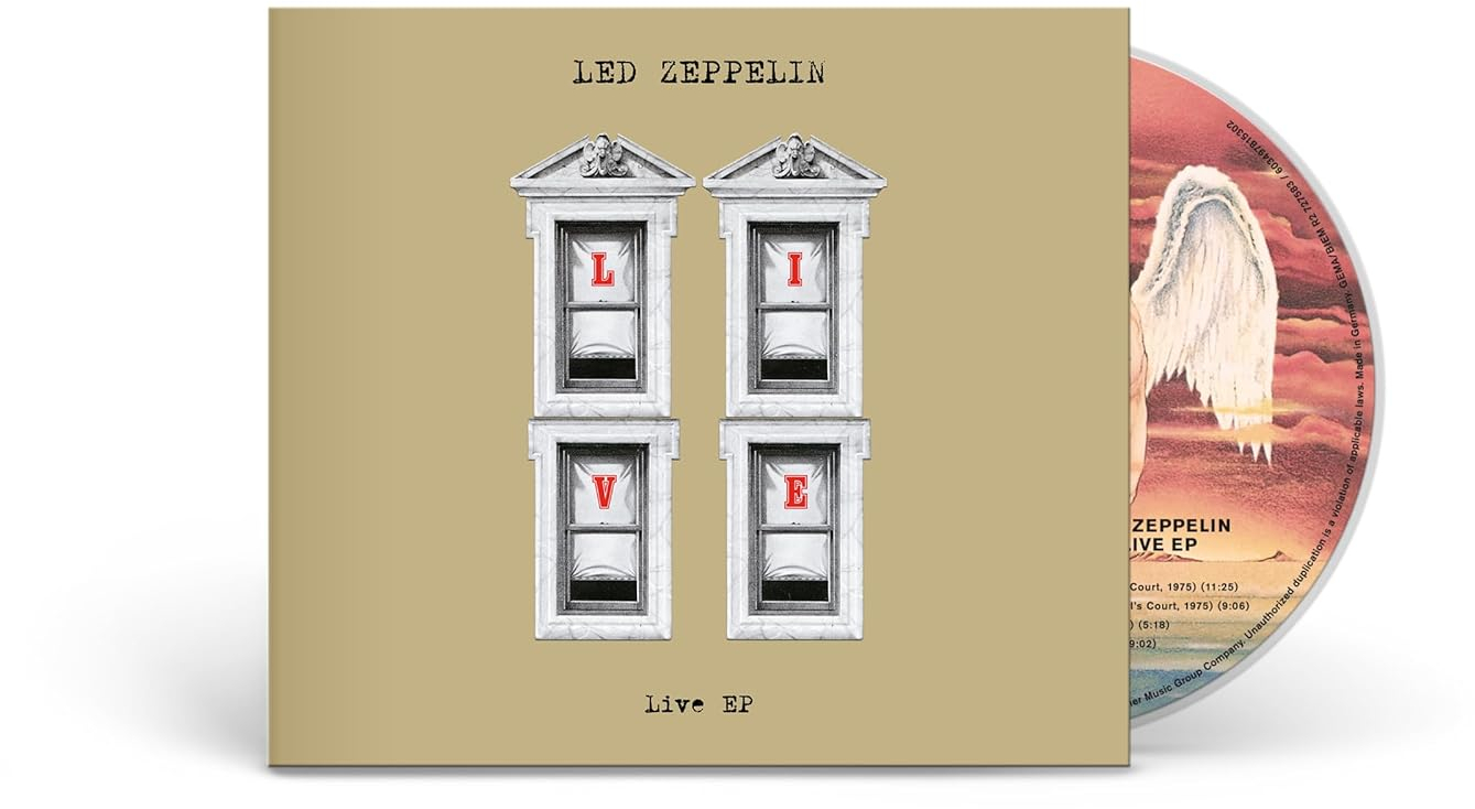 Led Zeppelin Live EP albumborítója. Négy ablak kép a LIVE szót betűzi. A CD-n egy angyal látható szárnyakkal.