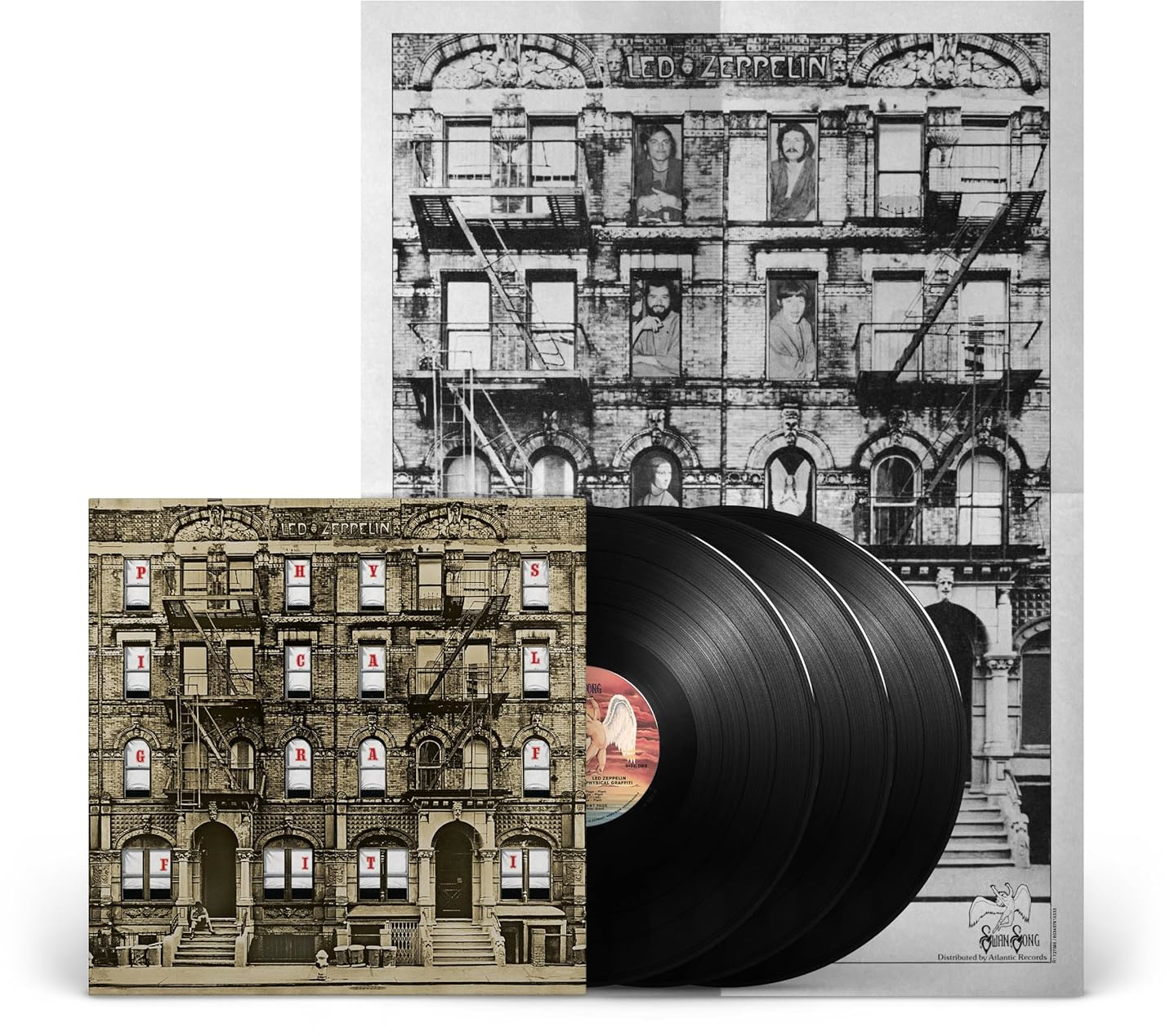 Led Zeppelin album borítója: épület homlokzata ablakokkal és tűzlépcsőkkel, bakelit lemezek előtt. Album címe: Physical Graffiti.