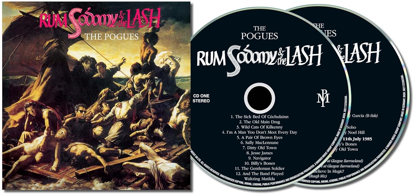 A The Pogues Rum Sodomy & The Lash című albumának borítója. A mű egy festményt mutat emberekről egy tutajon és két CD-t.