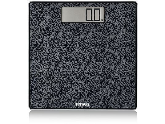 Báscula digital de baño que muestra 0,0 kg. Tiene forma cuadrada con superficie estampada, marco plateado y una pequeña pantalla.