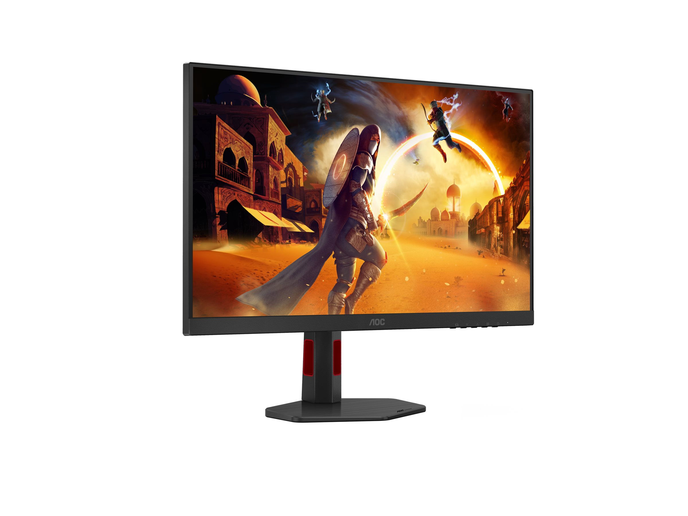 Monitor AOC muestra escena de fantasía. Guerrero con escudo y espada frente a portal brillante. Edificios al fondo.