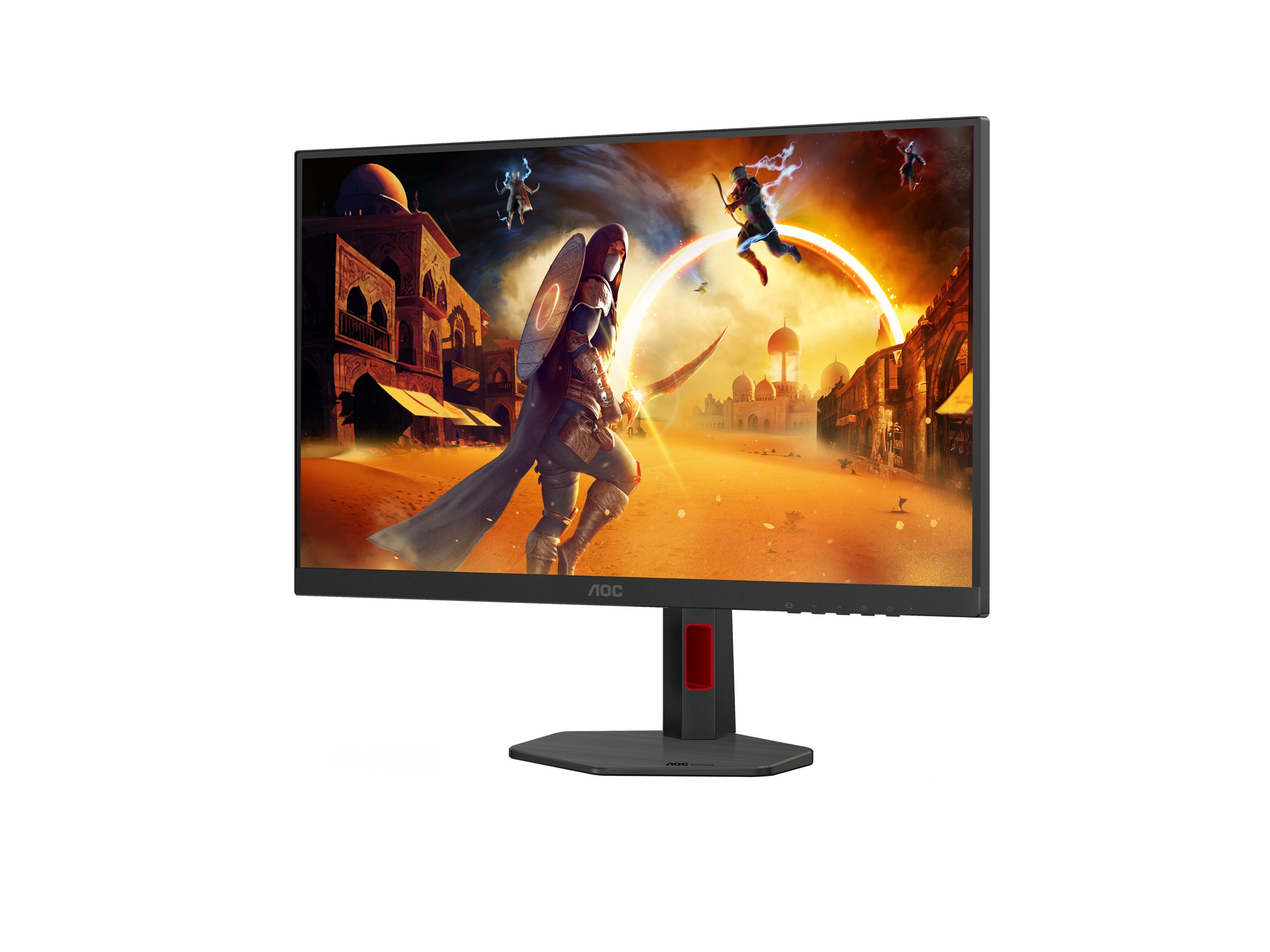 El monitor AOC muestra una escena de fantasía con un guerrero, figuras voladoras y un telón de fondo de ciudad desértica. El monitor tiene marco negro y detalles rojos.