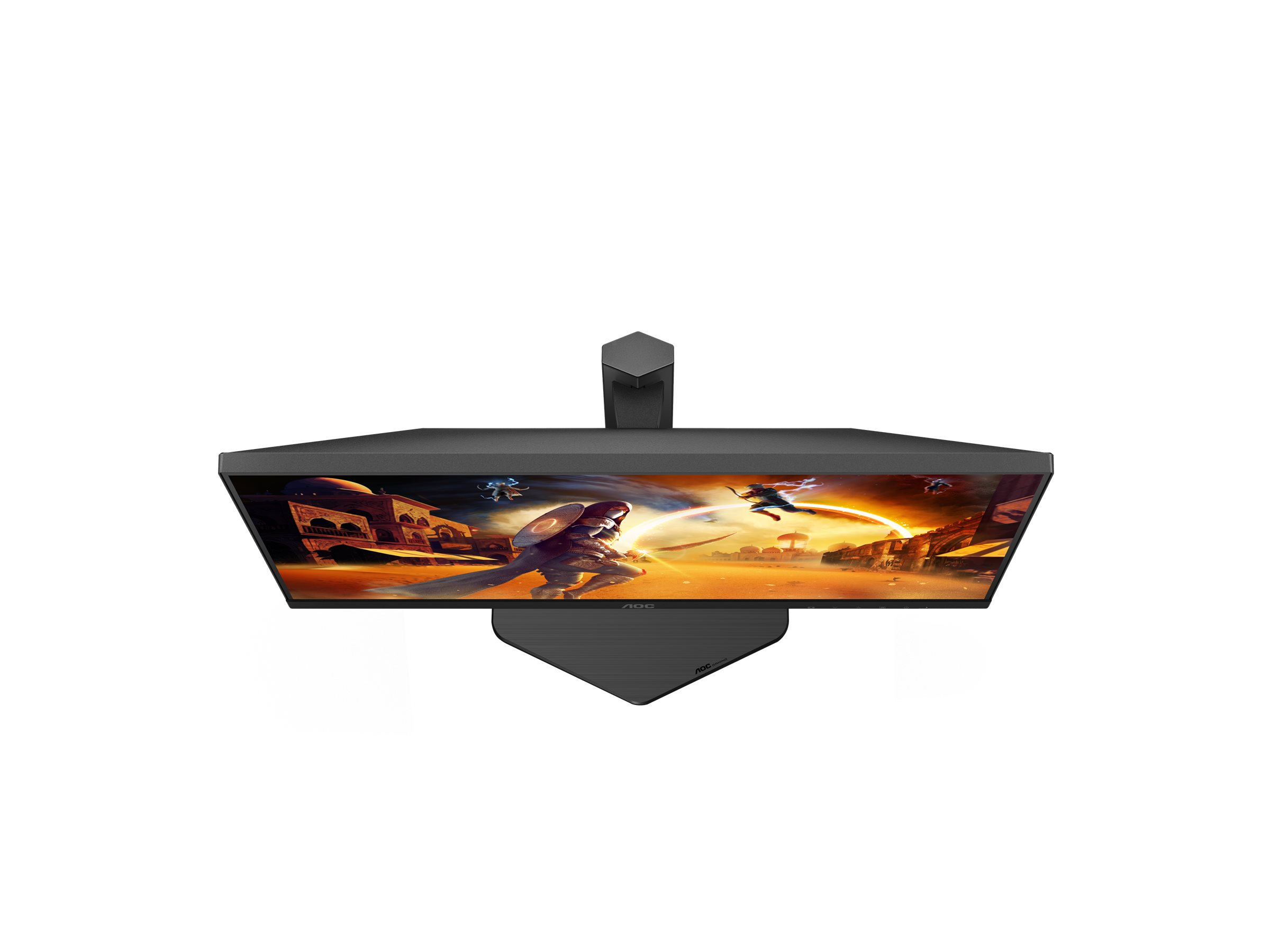 Un monitor AOC negro, que muestra una escena de batalla fantástica, sobre un fondo blanco. El monitor está inclinado hacia arriba.