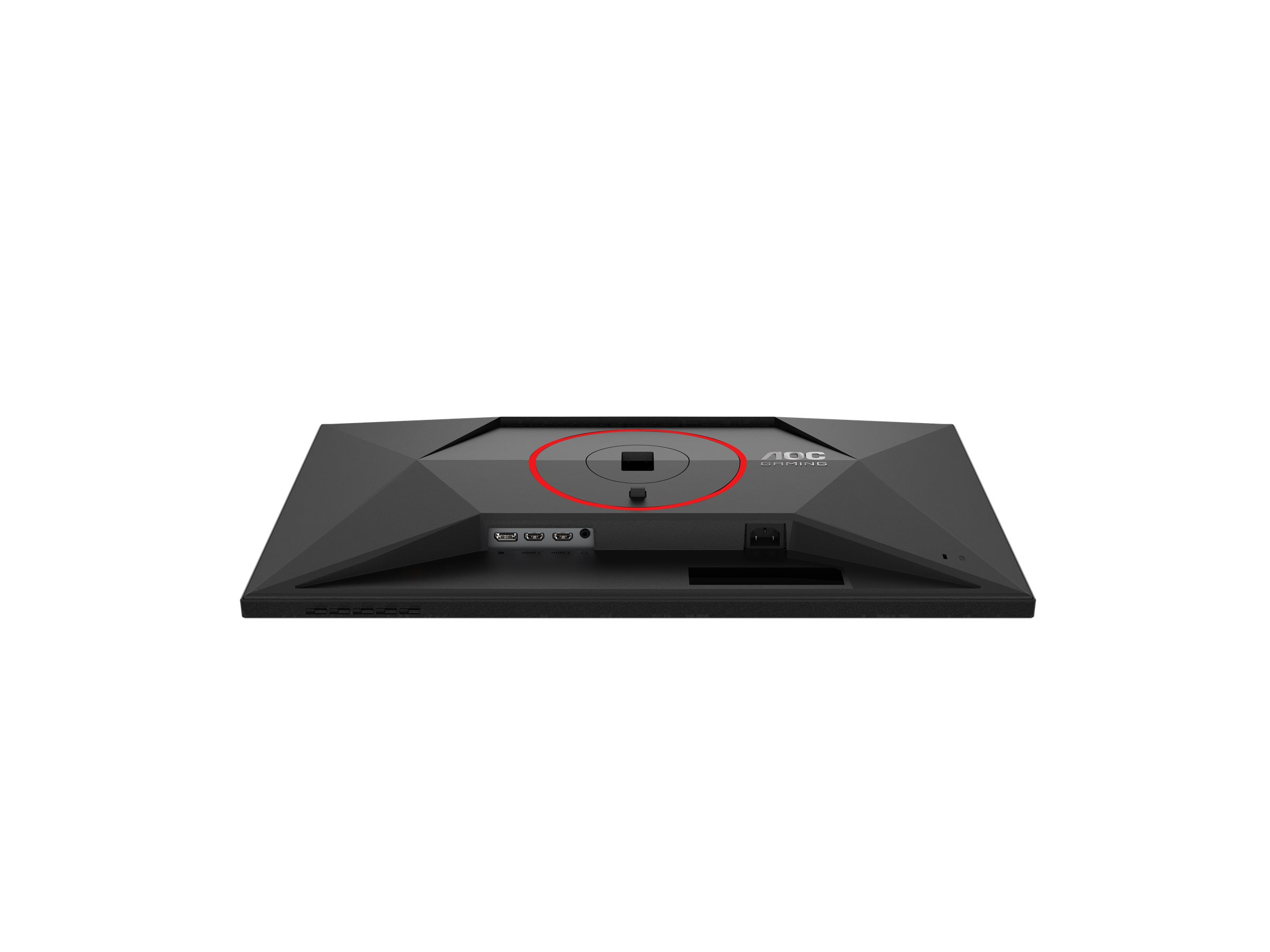 Vista trasera de un monitor gaming AOC negro, con puertos y logotipo visibles sobre fondo blanco.