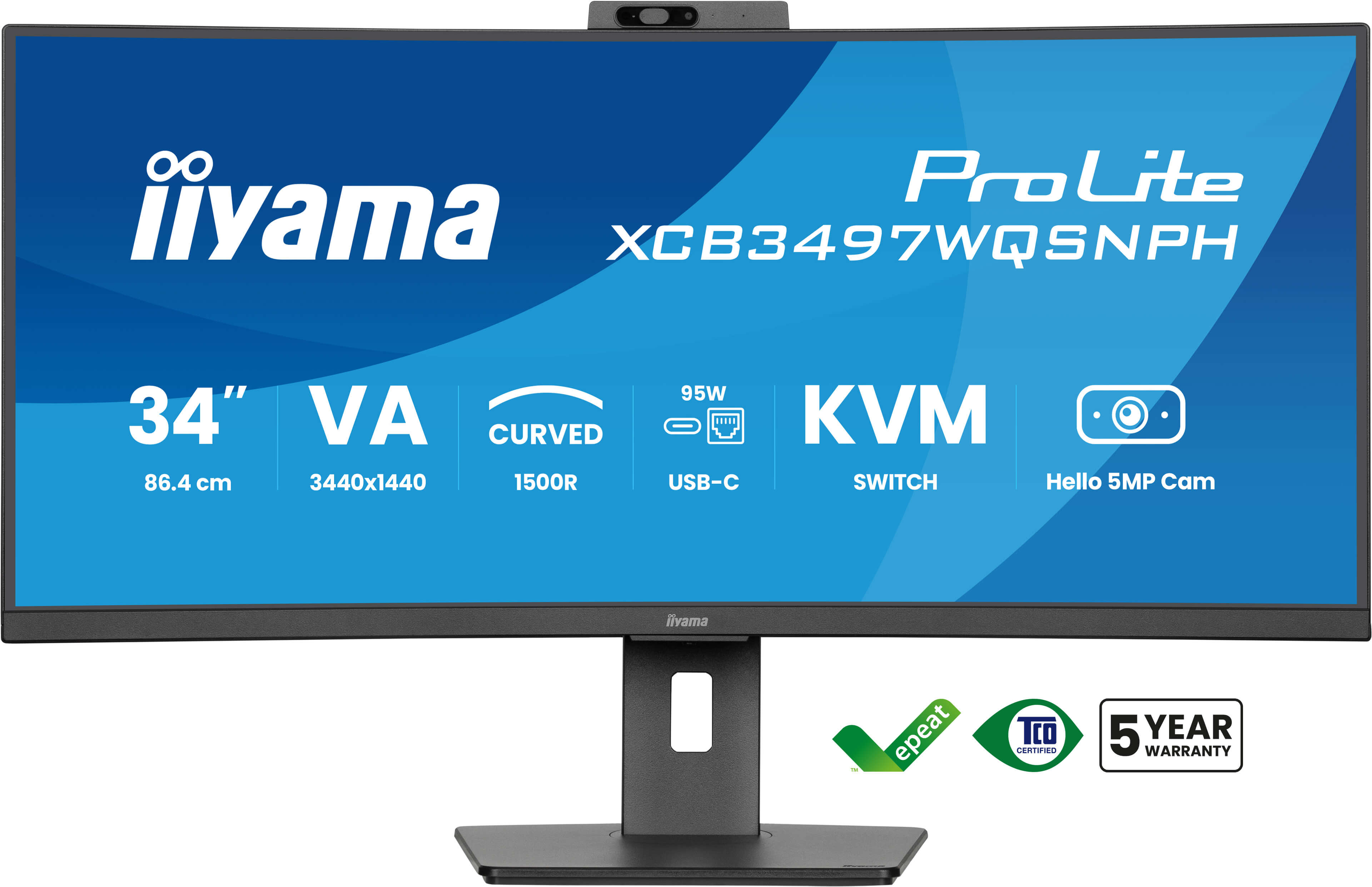 Monitor Iiyama ProLite. Zakrzywiony wyświetlacz z kamerą internetową. USB-C, przełącznik KVM i 5 lat gwarancji.
