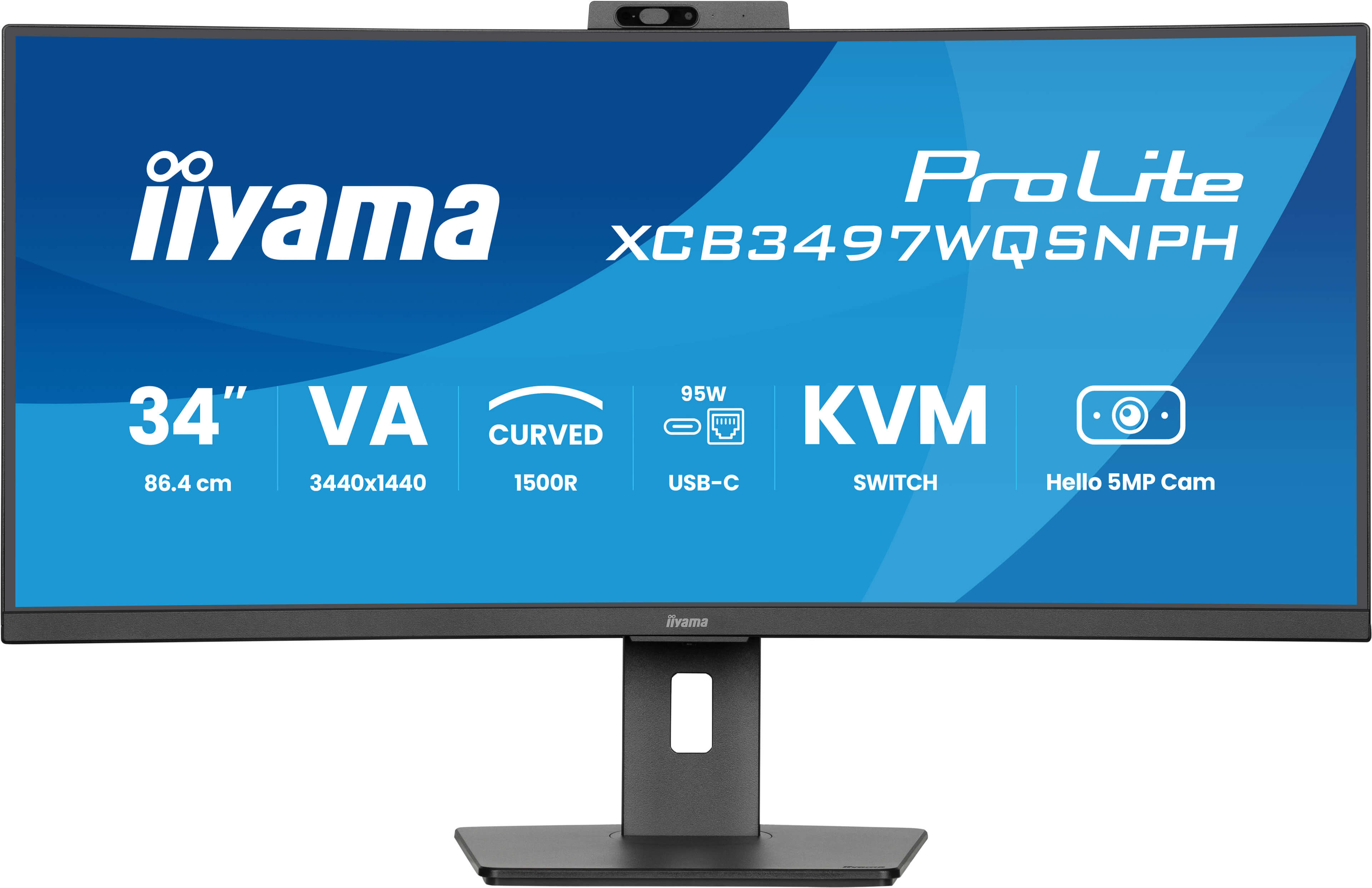 Zakrzywiony monitor iiyama z wbudowaną kamerą internetową. Zawiera 34-calowy wyświetlacz, USB-C i przełącznik KVM.