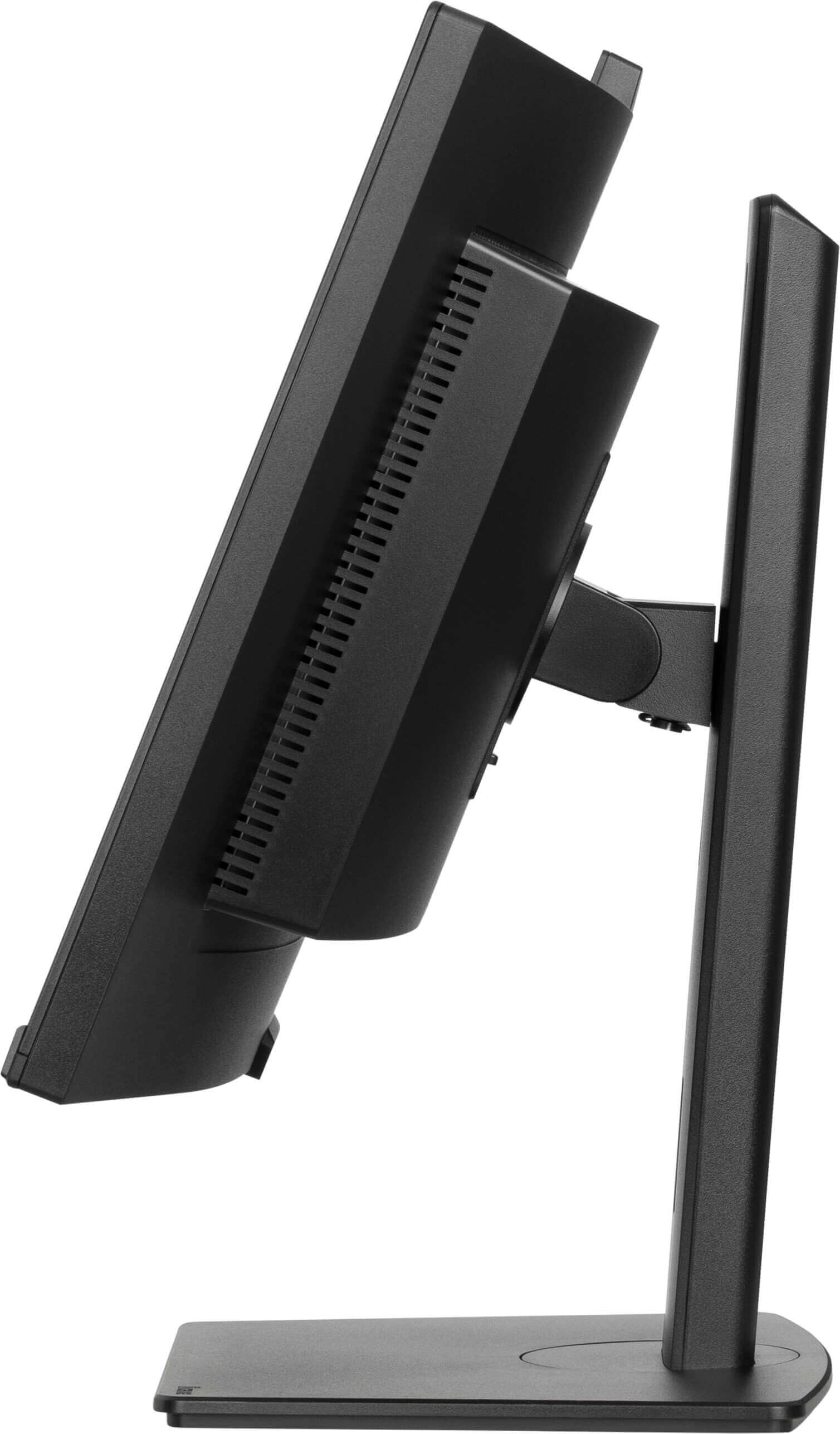 Widok z boku czarnego monitora komputera. Jest zamontowany na stojaku. Monitor jest skierowany do widza.