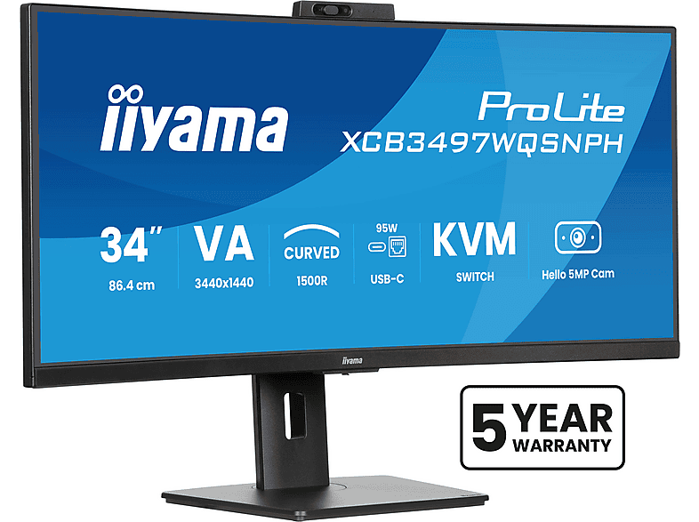 IIYAMA Monitor 34 cale XCB3497WQSNPH-B1,VA,UWQHD,1500R,USB-C Dock 95W, RJ45, KVM,2x5W, kamera 5MP, /5y/ – zdjęcie 3
