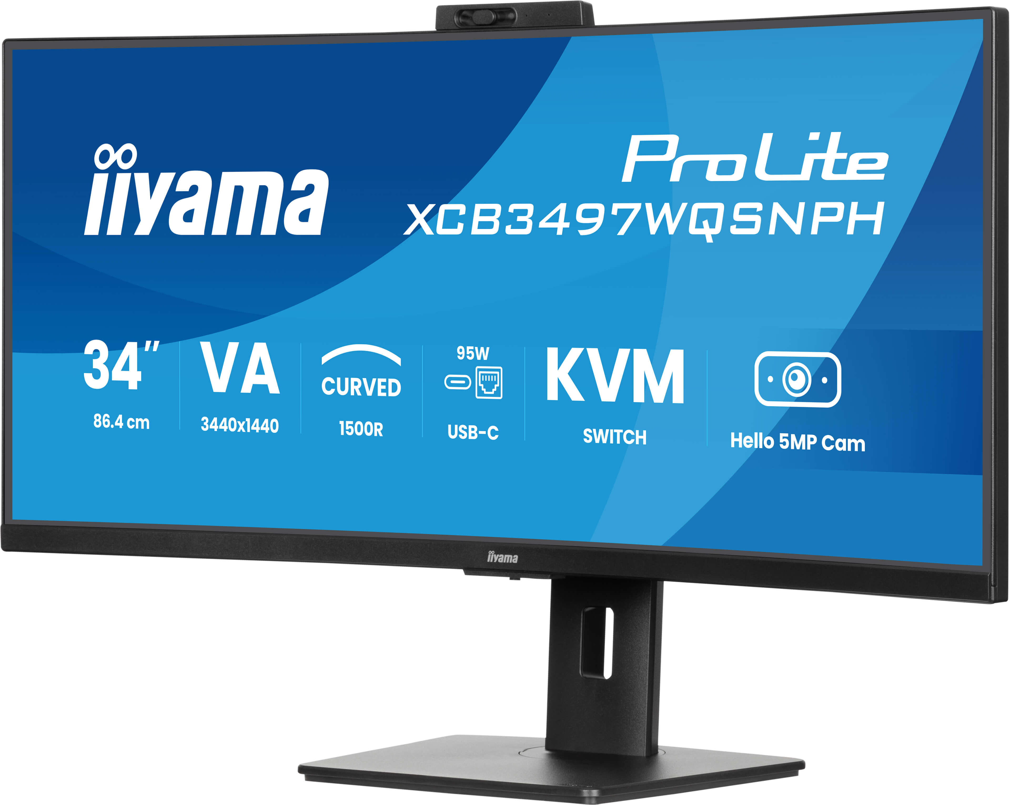 Czarny monitor iiyama. Ma niebieski ekran z białym tekstem, w tym '34" VA', 'CURVED' i 'KVM'.