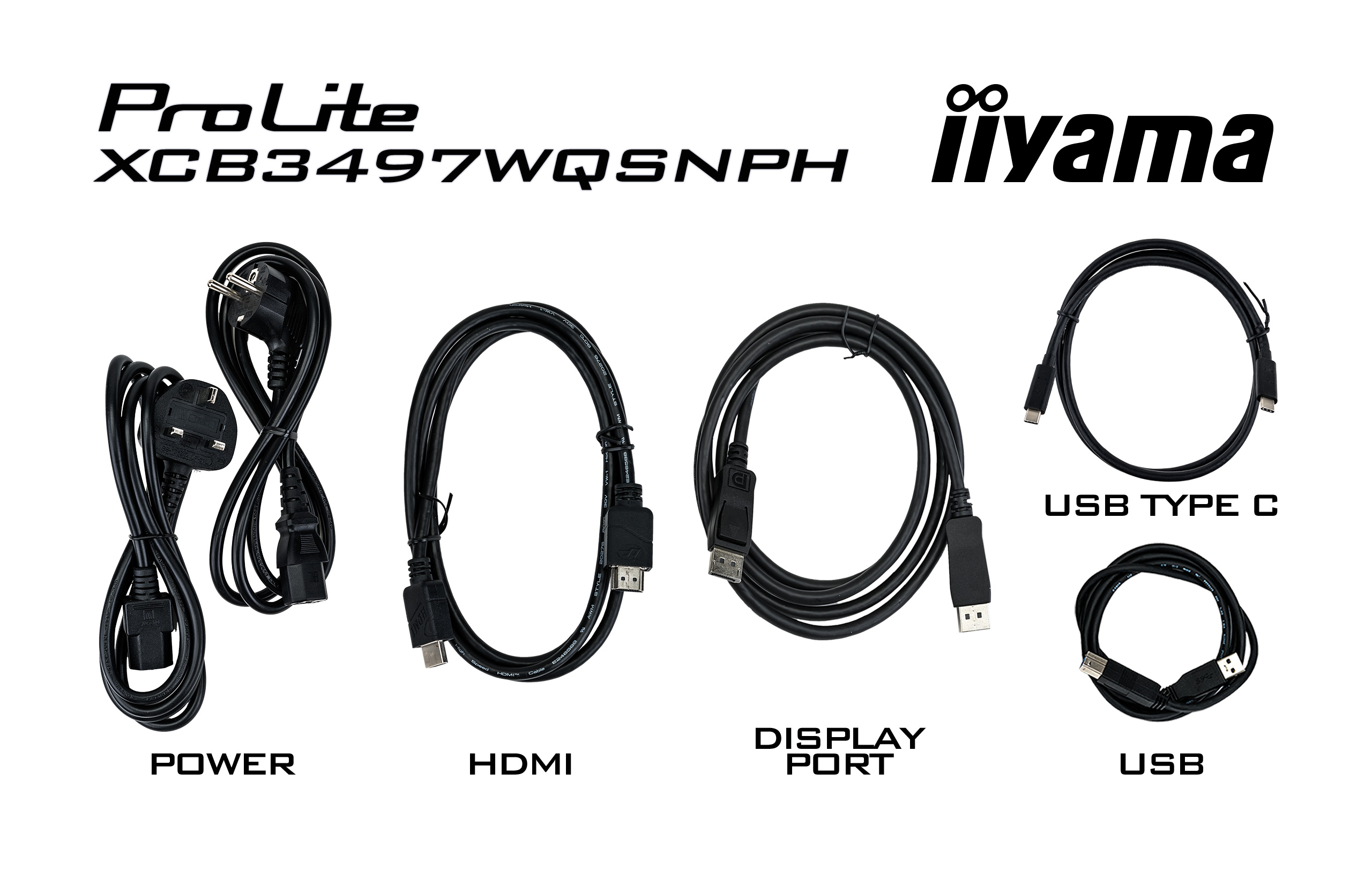 Obraz przedstawia kable zasilające, HDMI, DisplayPort, USB Type C i USB, wszystkie czarne, z etykietami. Widoczne jest logo iiyama.