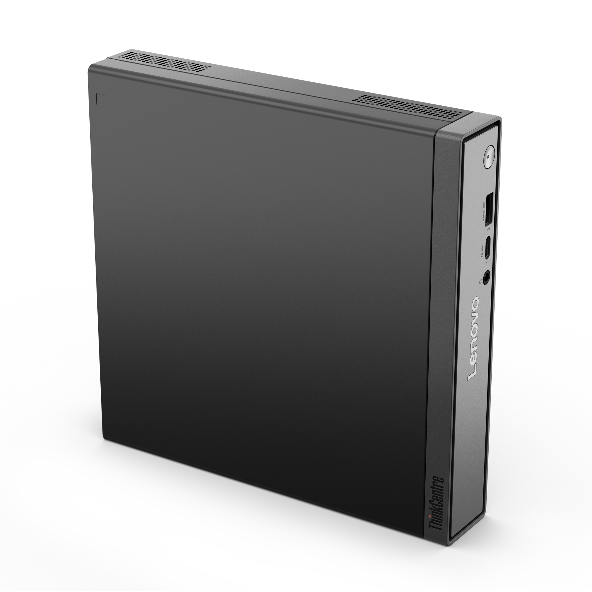 Ein kompakter, dunkler Lenovo ThinkCentre PC mit Anschlüssen an der Vorderseite.