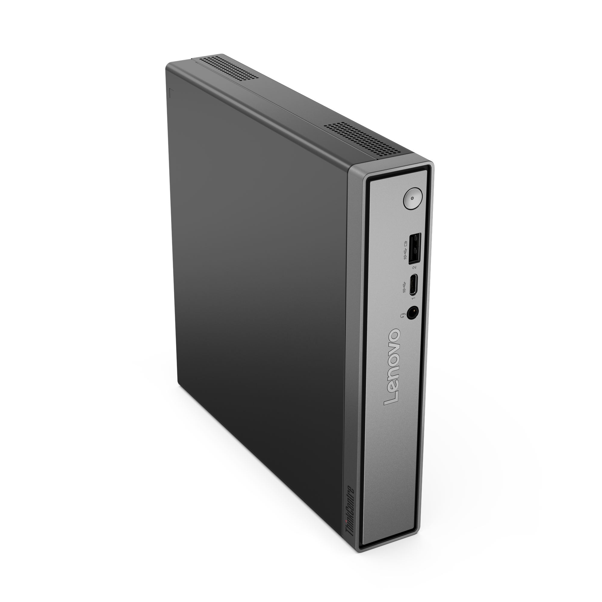 Ein grauer Lenovo ThinkCentre Mini-PC mit Anschlüssen und Lüftungsschlitzen.