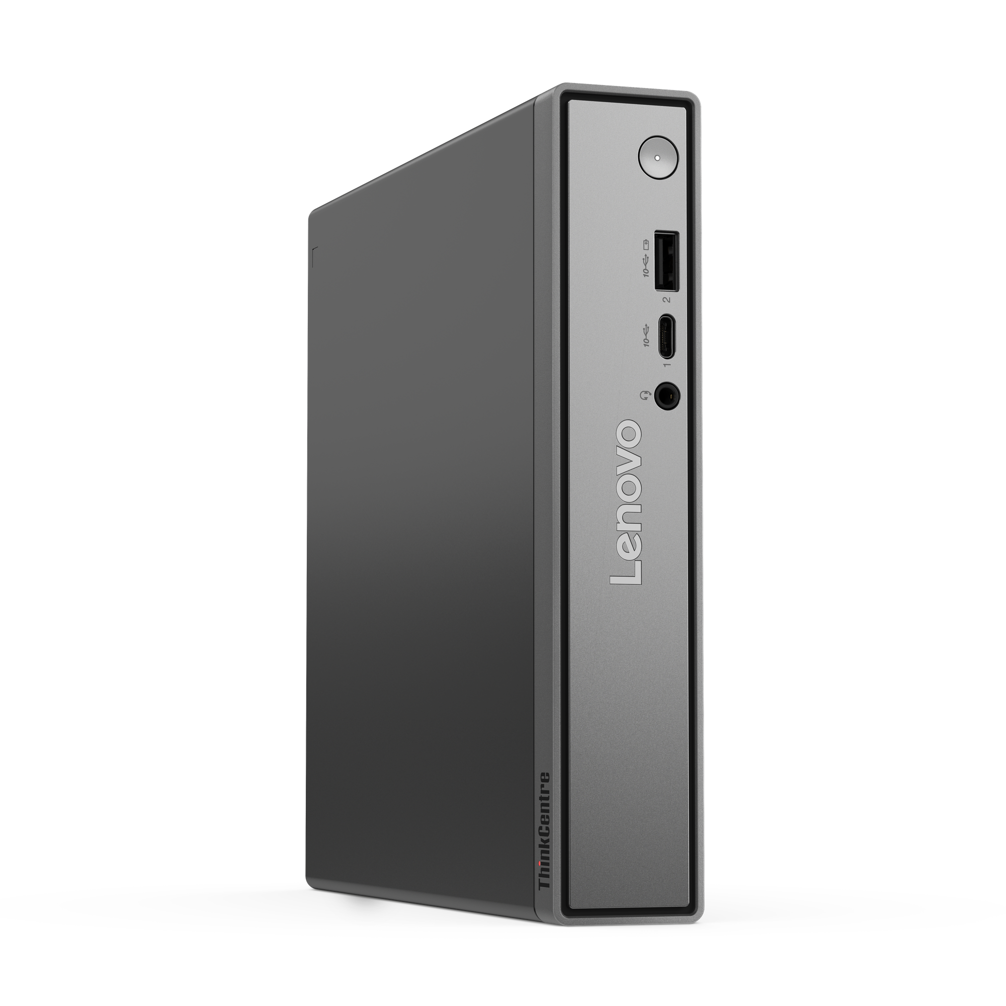 Grauer Lenovo ThinkCentre PC mit Anschlüssen und Power-Knopf.