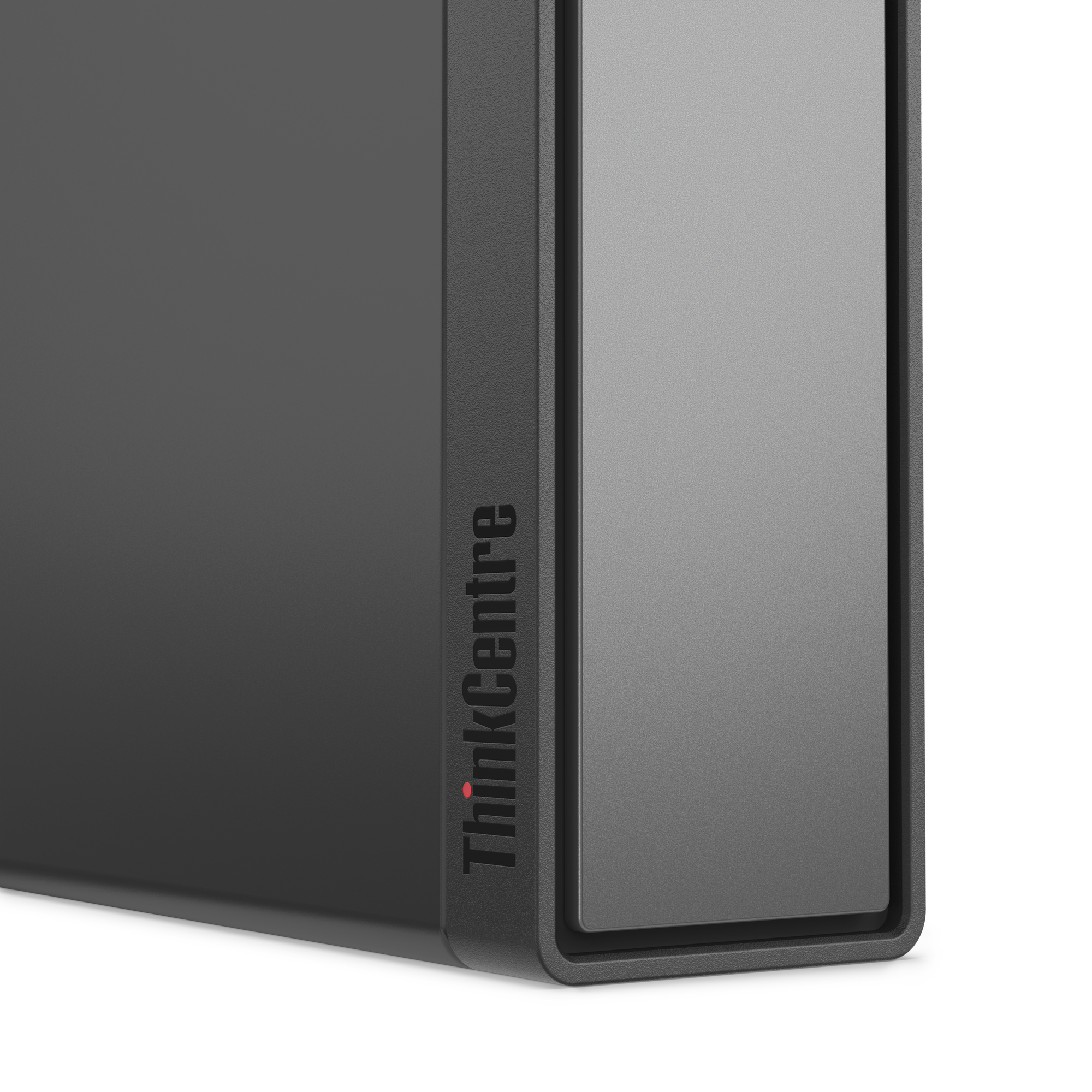 Grauer Lenovo ThinkCentre Computer-Turm mit rotem Akzent auf schwarzem Hintergrund.
