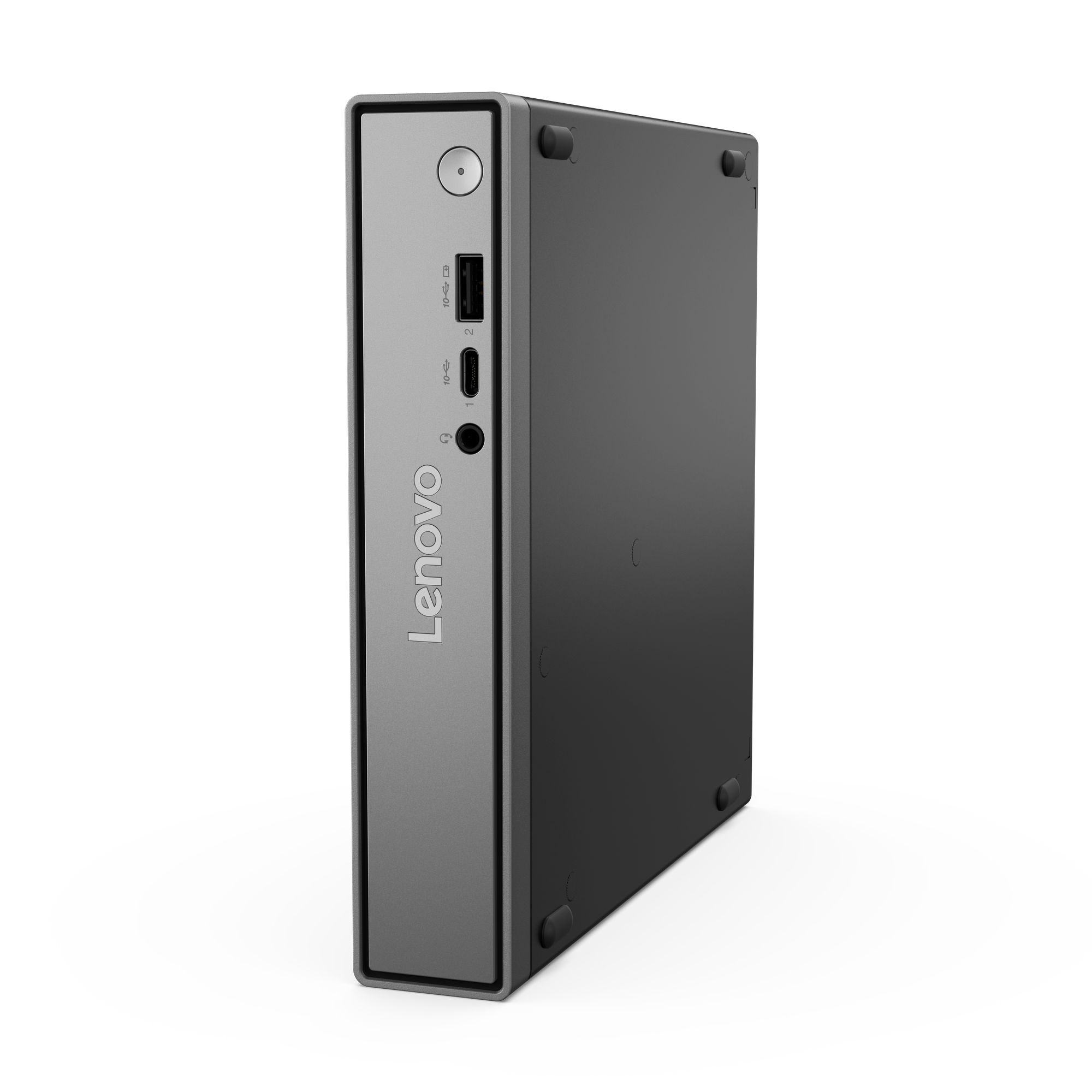 Ein silberner Lenovo Mini-PC mit Anschlüssen und dem Logo auf der Vorderseite.