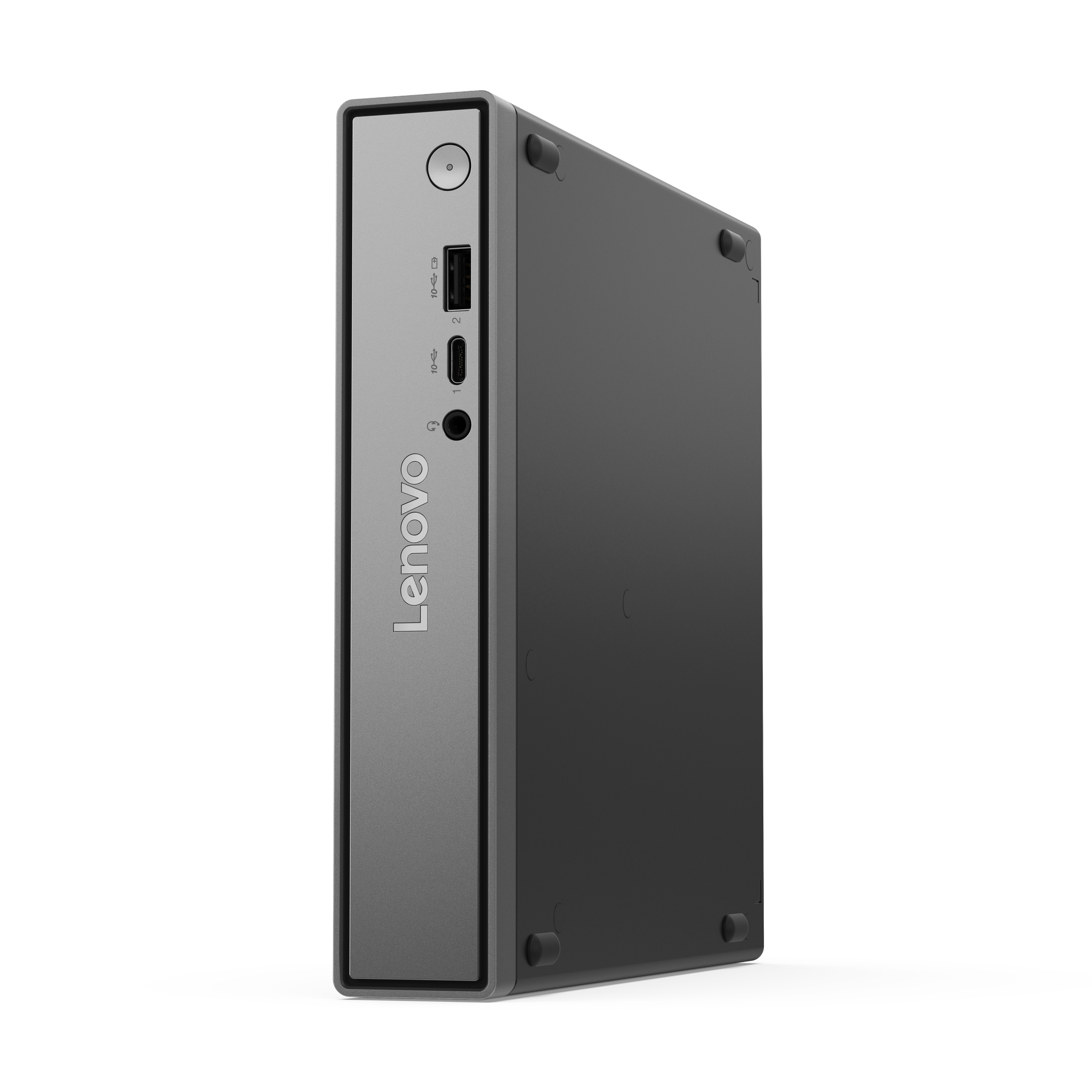 Ein Lenovo Mini-PC auf schwarzem Hintergrund. Er ist dunkelgrau mit Anschlüssen und dem Lenovo-Logo. Die Rückseite ist schwarz.