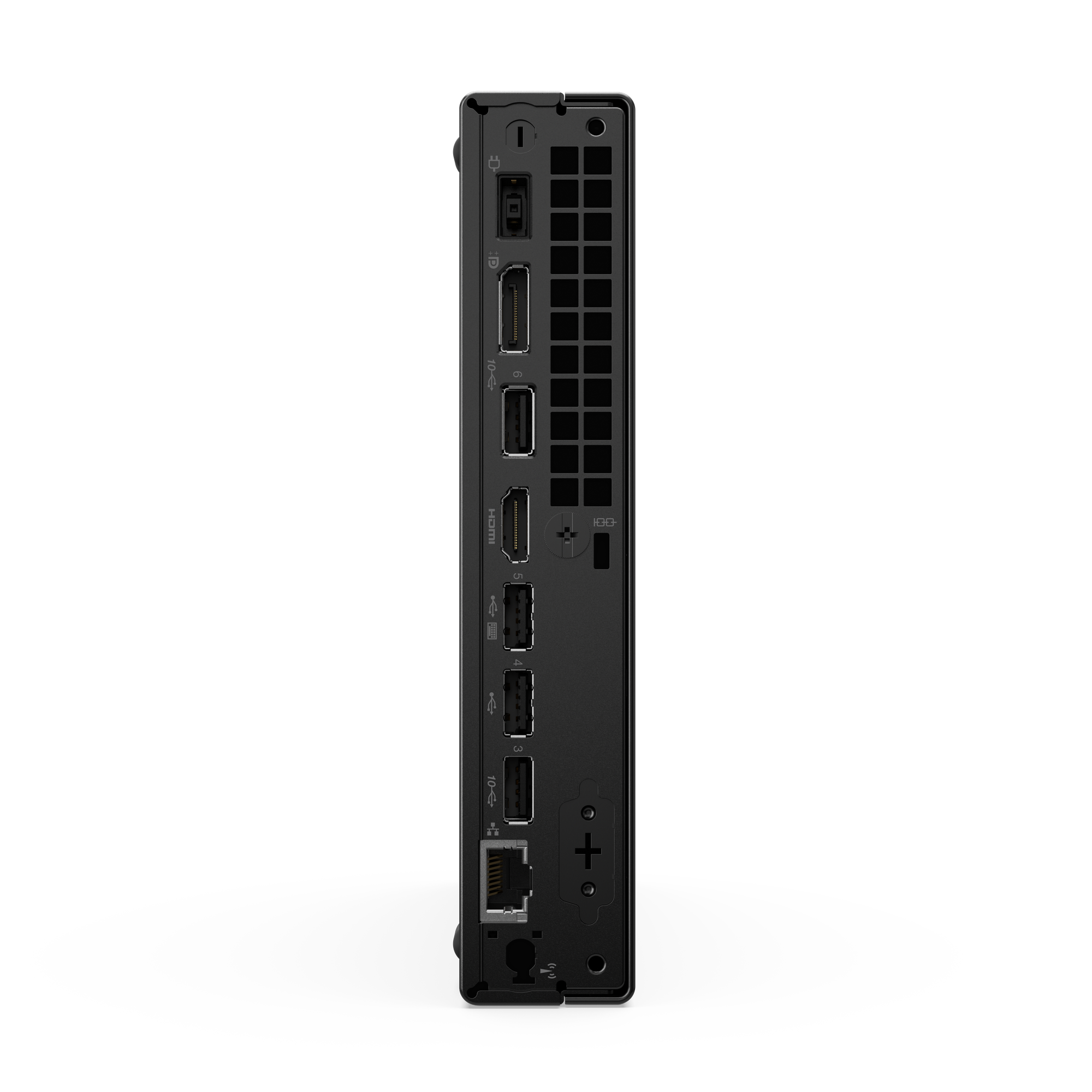 Rückseite eines schwarzen Mini-PCs mit Anschlüssen: USB, HDMI, Ethernet und Lüftungsschlitzen.