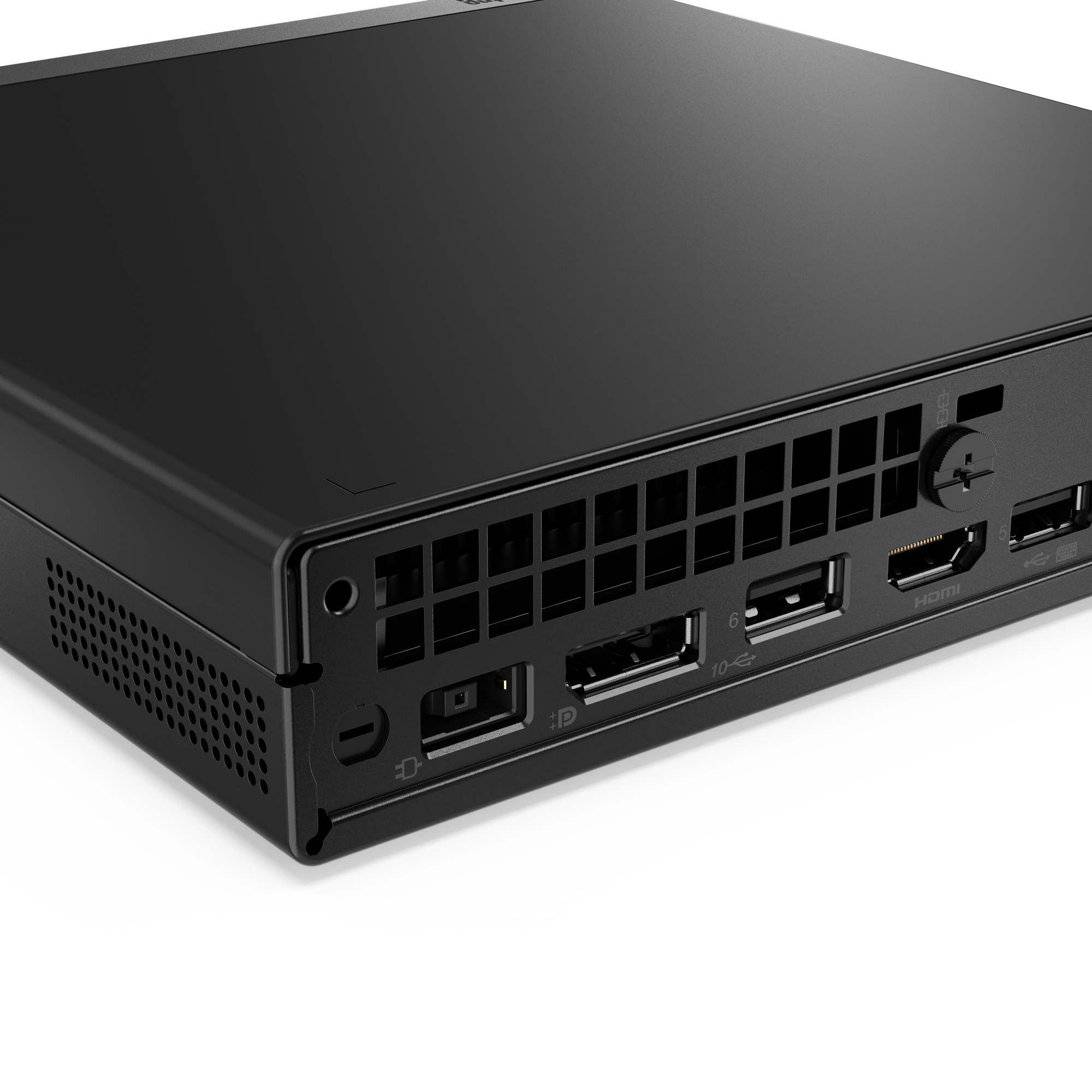 Schwarzes Minigerät mit Lüftungsschlitzen und Anschlüssen wie HDMI und USB.