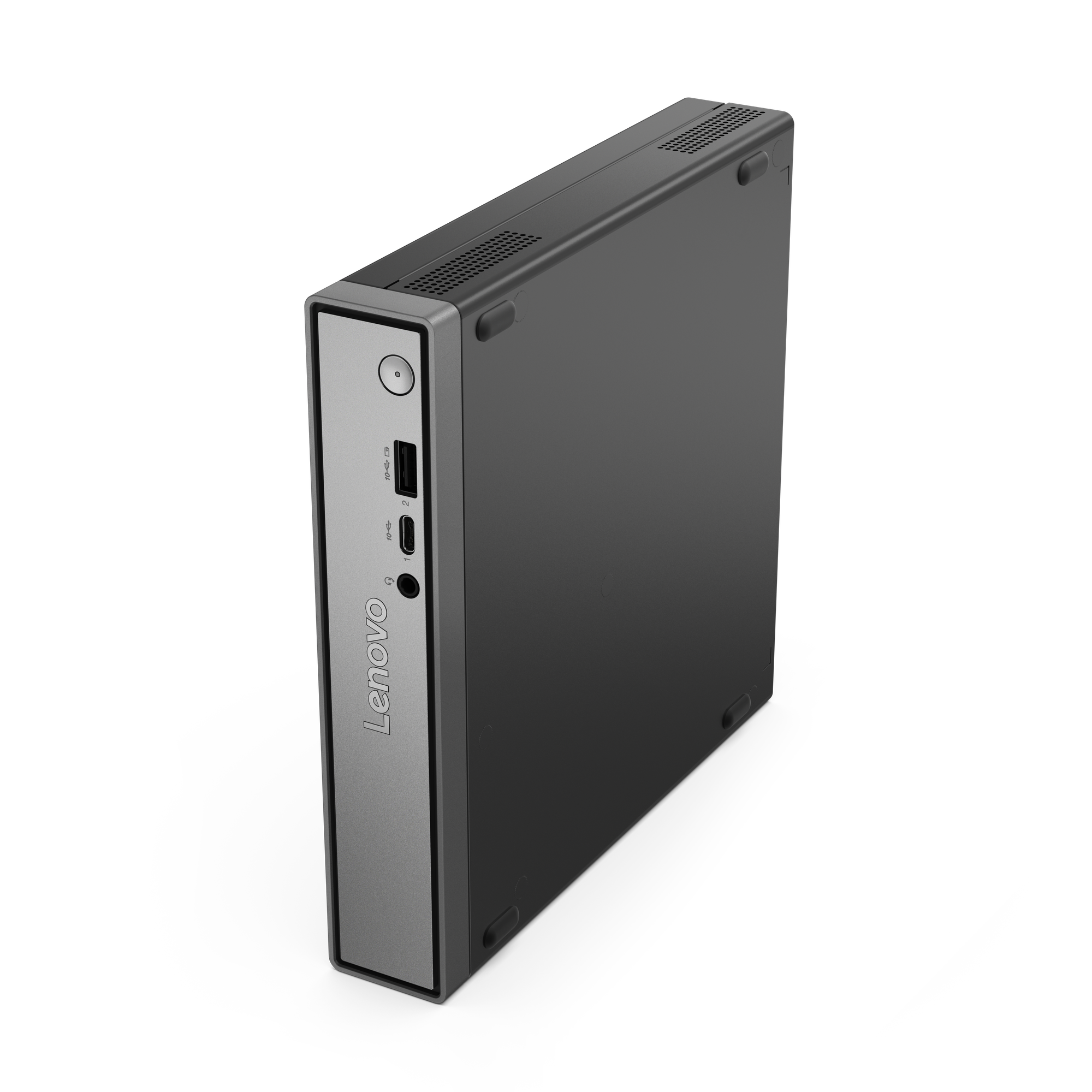 Ein schwarzer Lenovo Mini-PC mit silberner Vorderseite, USB-Anschlüssen und Lüftungsschlitzen.