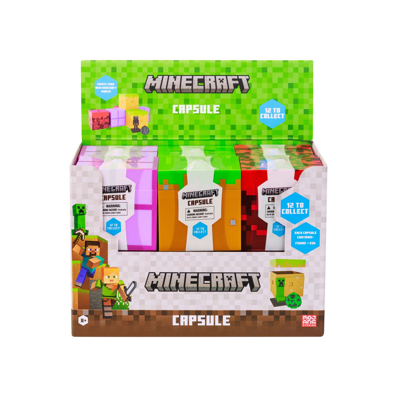 Eine Minecraft-Kapsel-Displaybox mit mehreren bunten Kapseln. Die Box zeigt Minecraft-Charaktere und die Aufschrift "12 zum Sammeln."