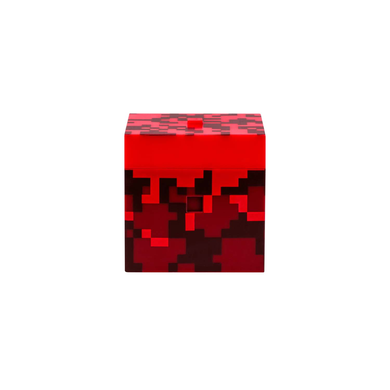 Eine rote Box mit pixeligem Design, das an eine Videospielästhetik erinnert, ist auf weißem Hintergrund zentriert.