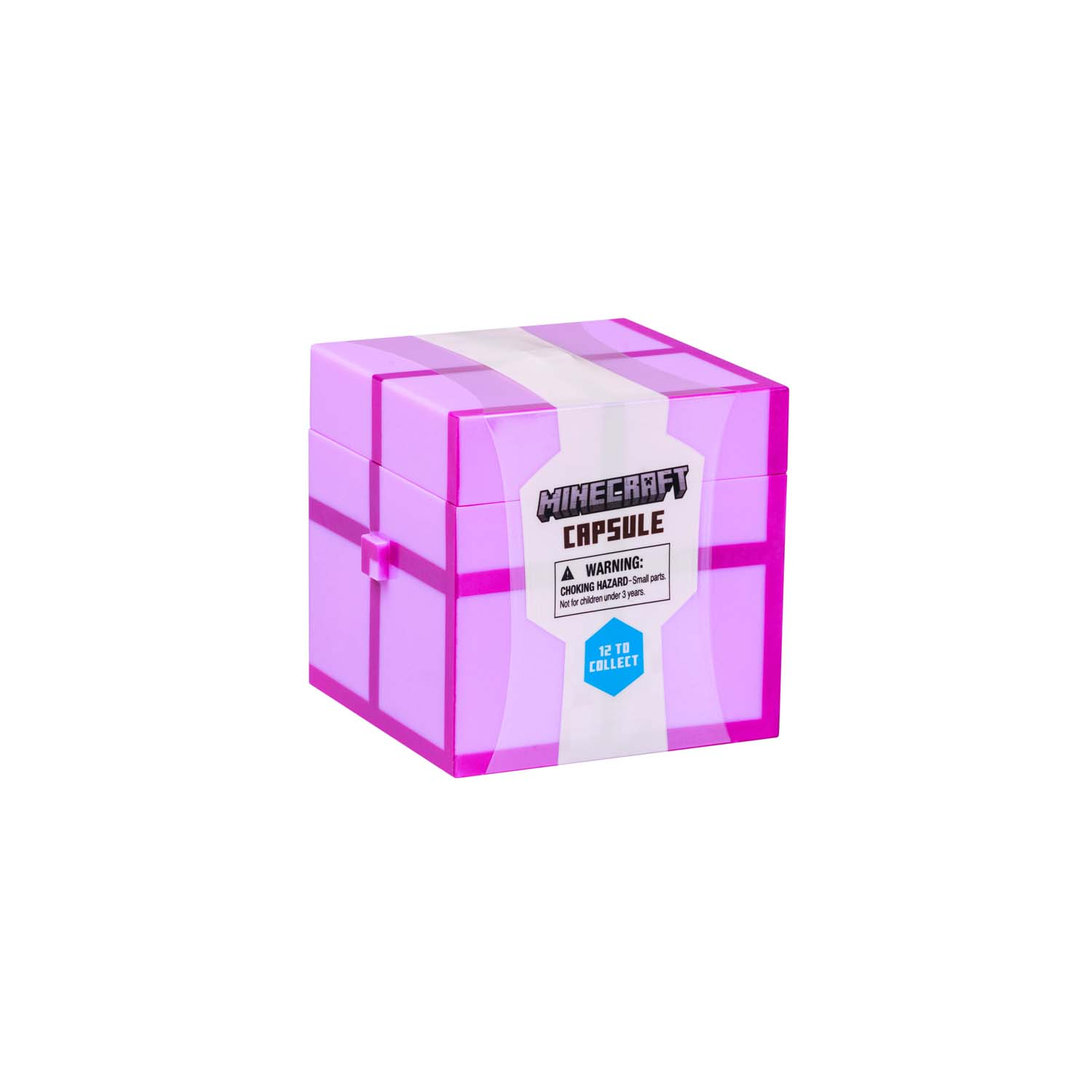 Eine Minecraft-Kapsel-Spielzeugbox, rosa mit weißen Akzenten. Text lautet 'Minecraft Capsule' und eine Warnung vor Kleinteilen.