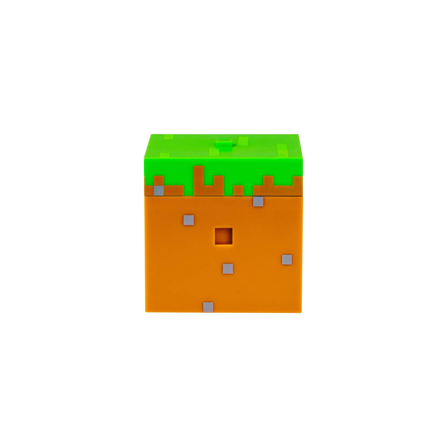 Ein Minecraft-Würfel. Die Oberseite ist grün und die Unterseite orange, mit grauen Pixeldetails, alles auf weißem Hintergrund.