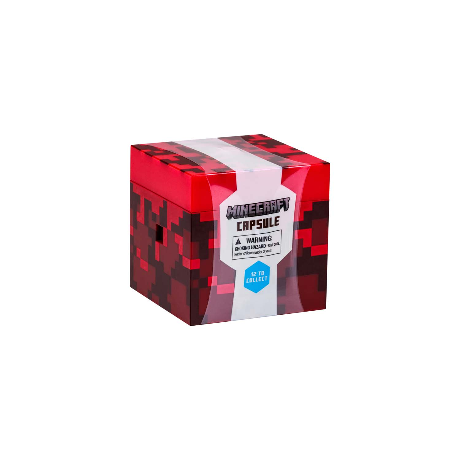 Eine Minecraft-Kapselbox. Rotes und schwarzes Pixeldesign, weißer Streifen und Text mit 'Minecraft-Kapsel' und '12 zum Sammeln'.